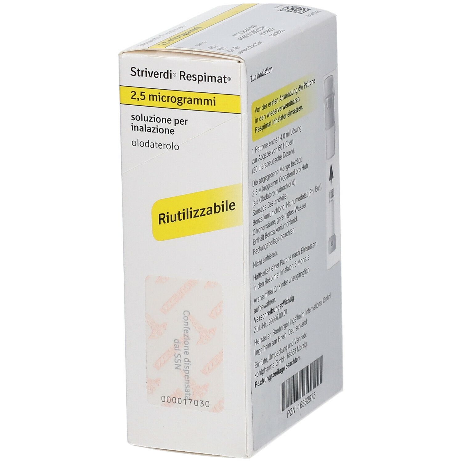Schachtel Striverdi Respimat. Aufschrift: 2,5 Mikrogramm. Lösung zur Inhalation. Wiederverwendbar. Text in italienischer Sprache.