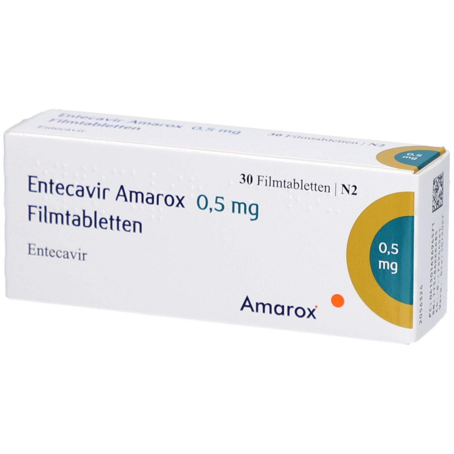 Schachtel mit ENTECAVIR Amarox 0,5 mg Filmtabletten. Aufschrift: 30 Filmtabletten, Amarox, 0,5 mg.