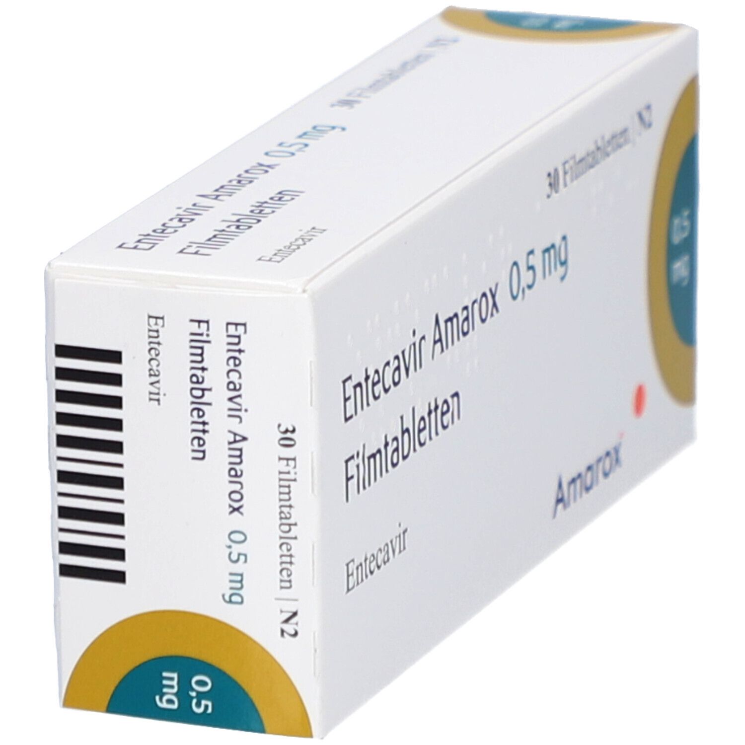 Schräg gestellte Schachtel mit ENTECAVIR Amarox 0,5 mg Filmtabletten. Aufschrift: 30 Filmtabletten, Amarox, 0,5 mg.