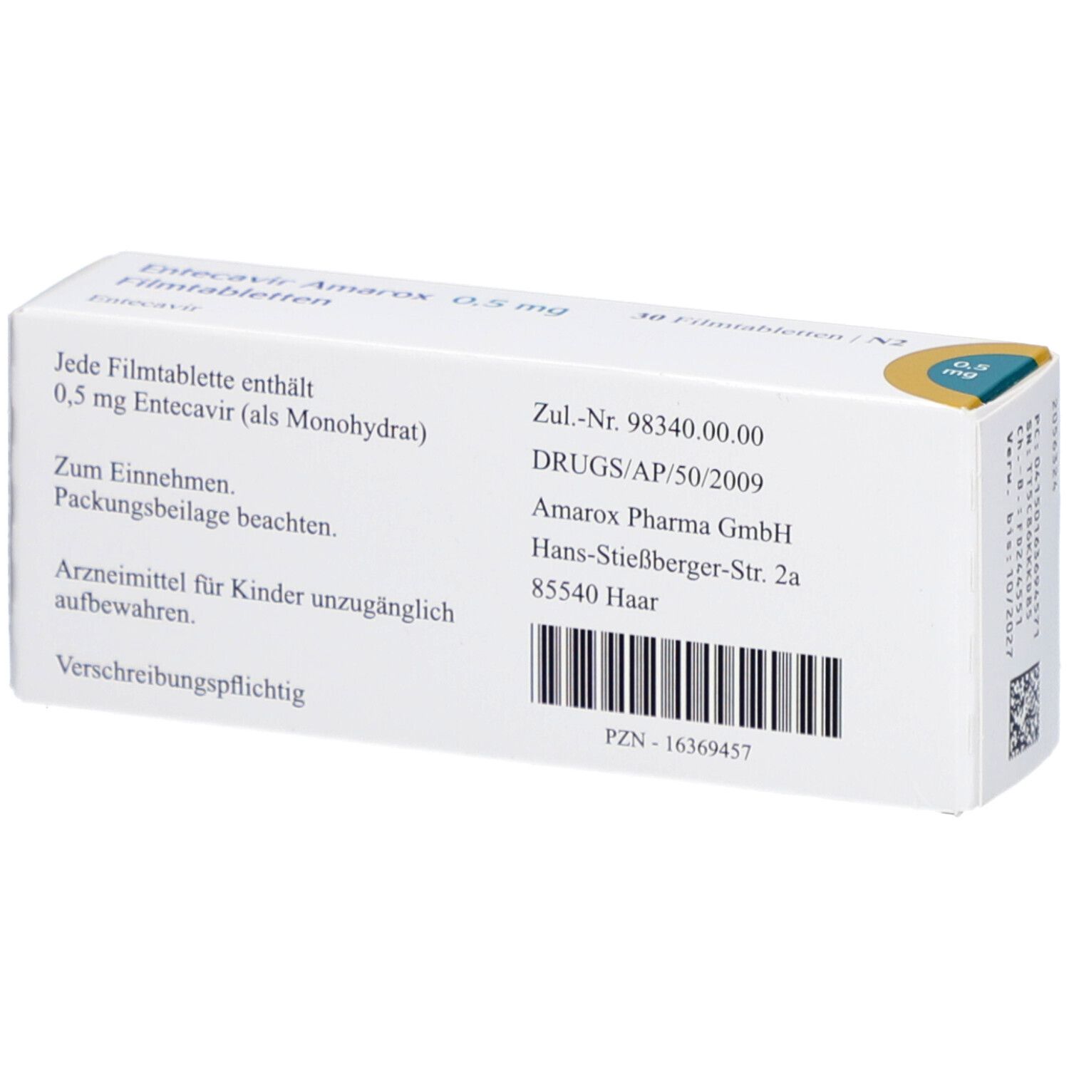 Rückseite der Schachtel mit ENTECAVIR Amarox 0,5 mg Filmtabletten. Text: Zusammensetzung, Dosierung, Hersteller.