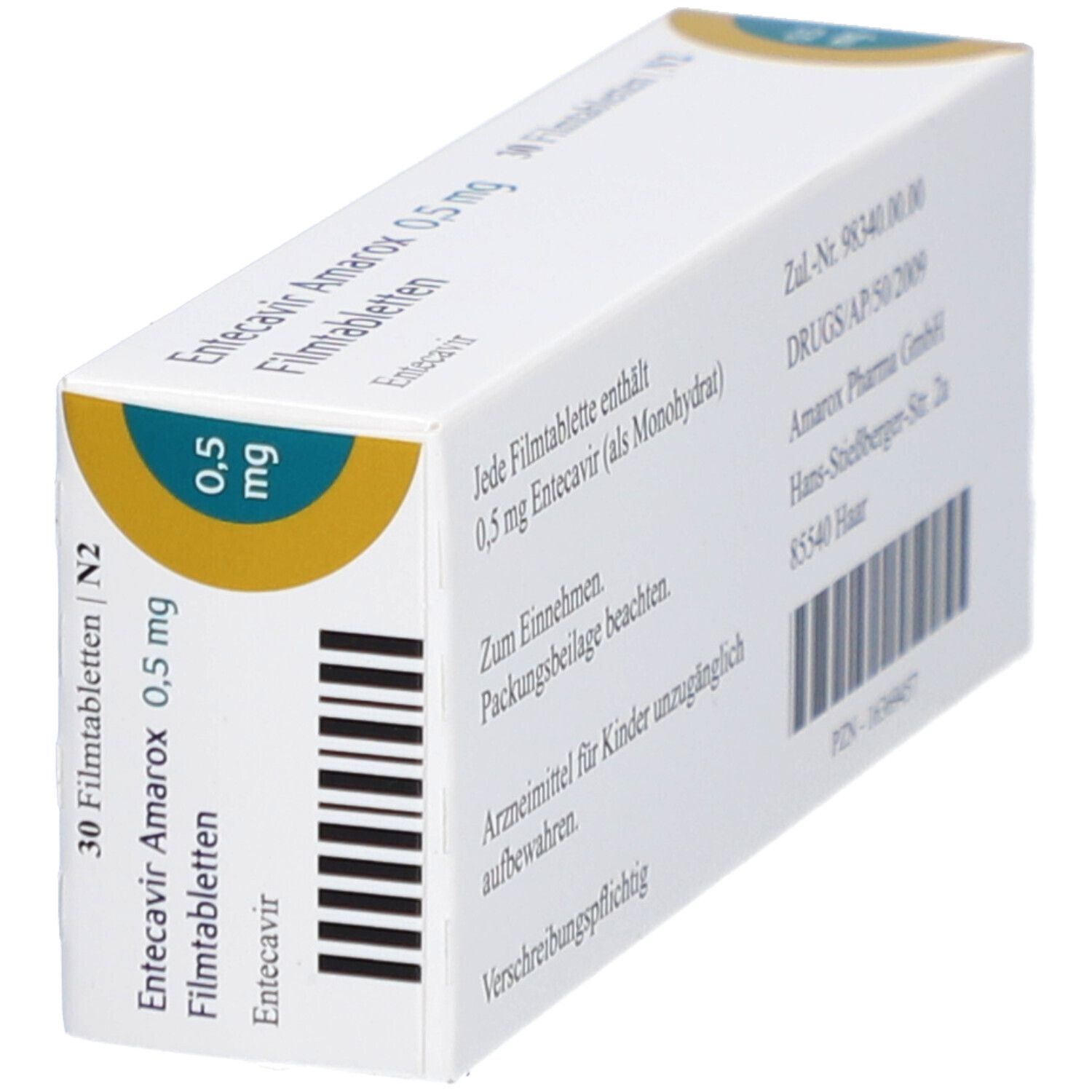 Schräg gestellte Schachtel mit ENTECAVIR Amarox 0,5 mg Filmtabletten. Aufschrift: 30 Filmtabletten, Amarox, 0,5 mg.