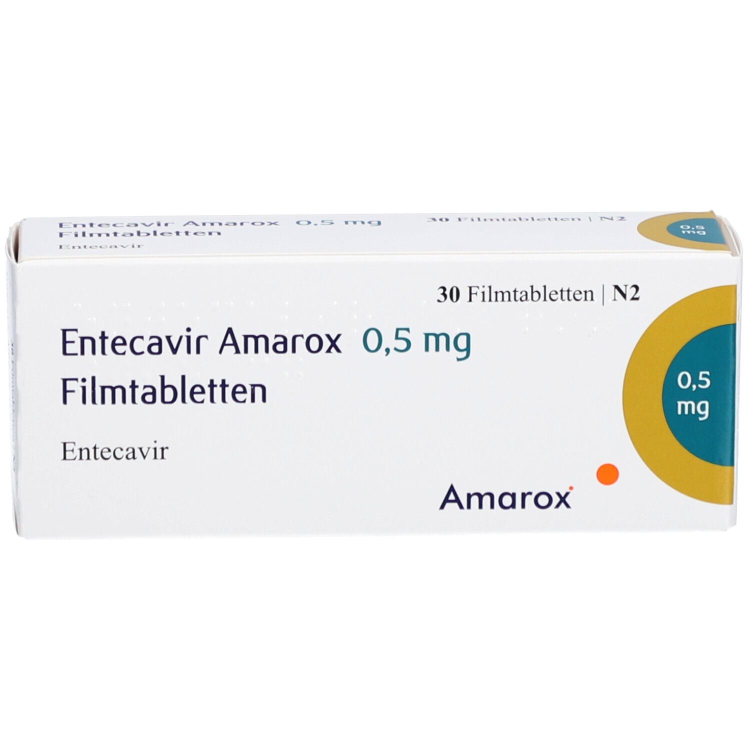 Schachtel mit ENTECAVIR Amarox 0,5 mg Filmtabletten. Aufschrift: 30 Filmtabletten, Amarox, 0,5 mg.