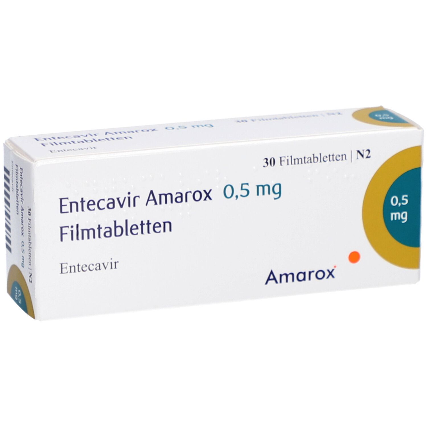 Schachtel mit ENTECAVIR Amarox 0,5 mg Filmtabletten. Aufschrift: 30 Filmtabletten, Amarox, 0,5 mg.