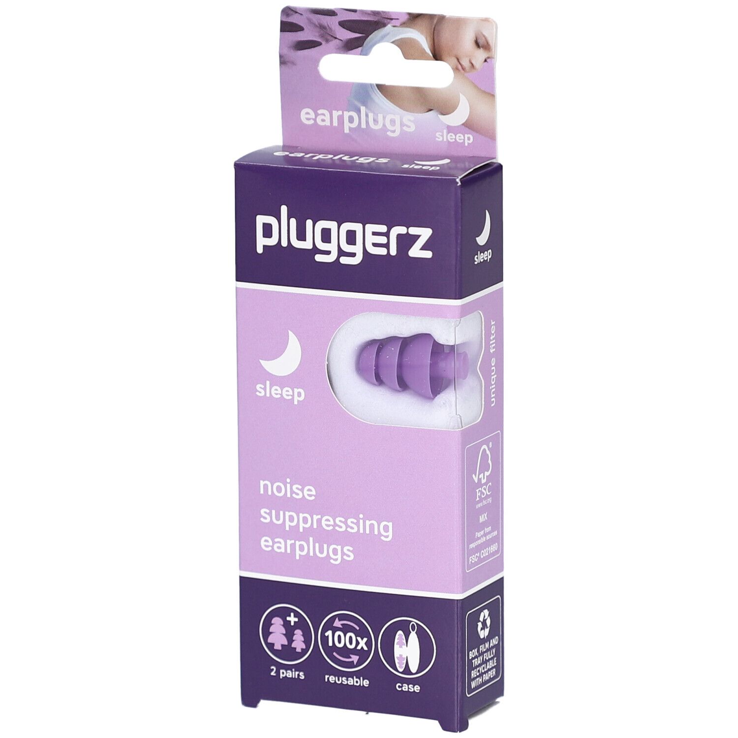Verpackung mit geräuschunterdrückenden Ohrstöpseln. Lila Ohrstöpsel in einer transparenten Hülle. Marke: Pluggerz. Text: sleep, 2 Paar, wiederverwendbar, Etui.