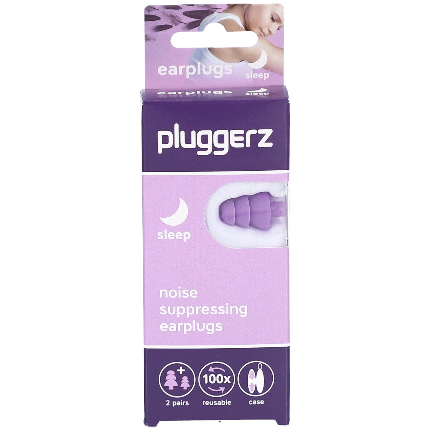 Verpackung mit geräuschunterdrückenden Ohrstöpseln. Lila Ohrstöpsel in einer transparenten Hülle. Marke: Pluggerz. Text: sleep, 2 Paar, wiederverwendbar, Etui.
