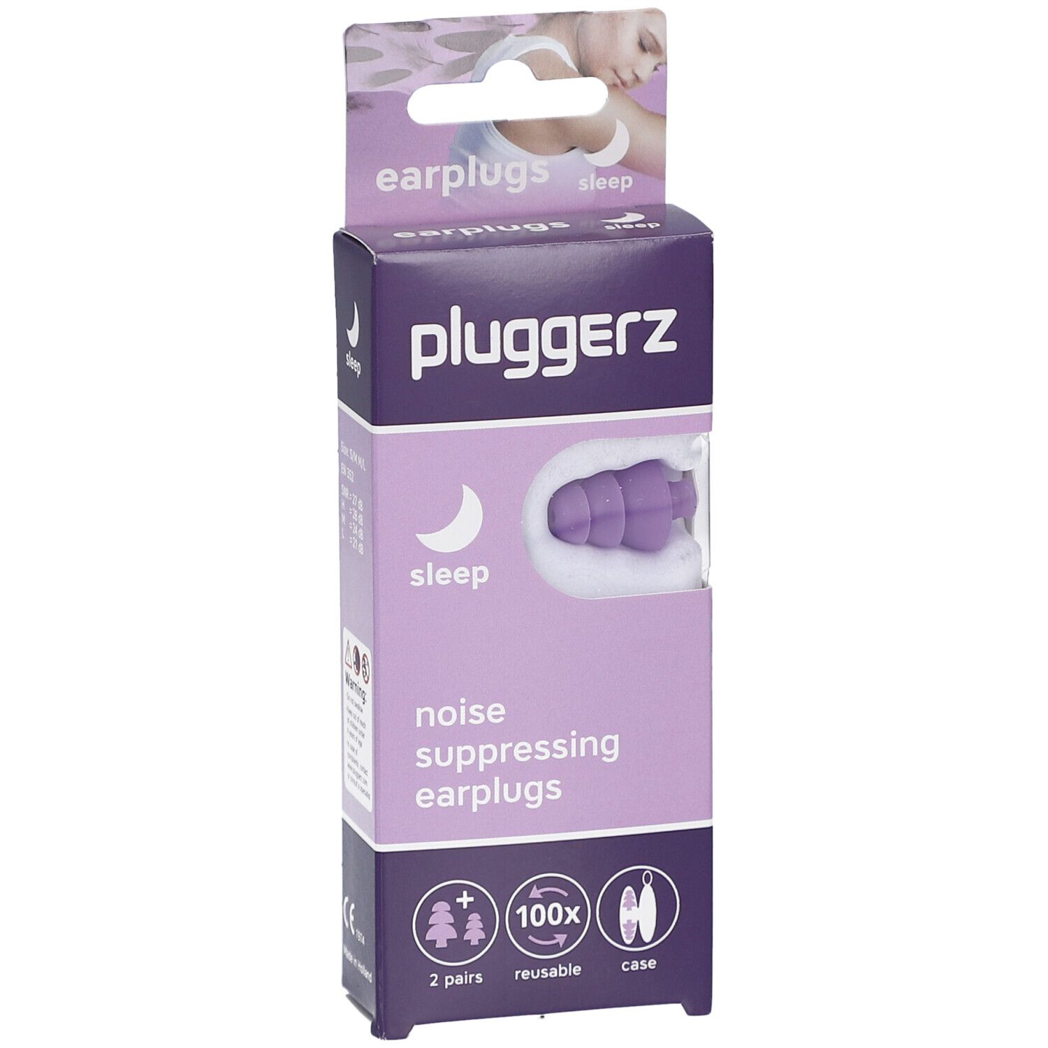 Verpackung mit geräuschunterdrückenden Ohrstöpseln. Lila Ohrstöpsel in einer transparenten Hülle. Marke: Pluggerz. Text: sleep, 2 Paar, wiederverwendbar, Etui.