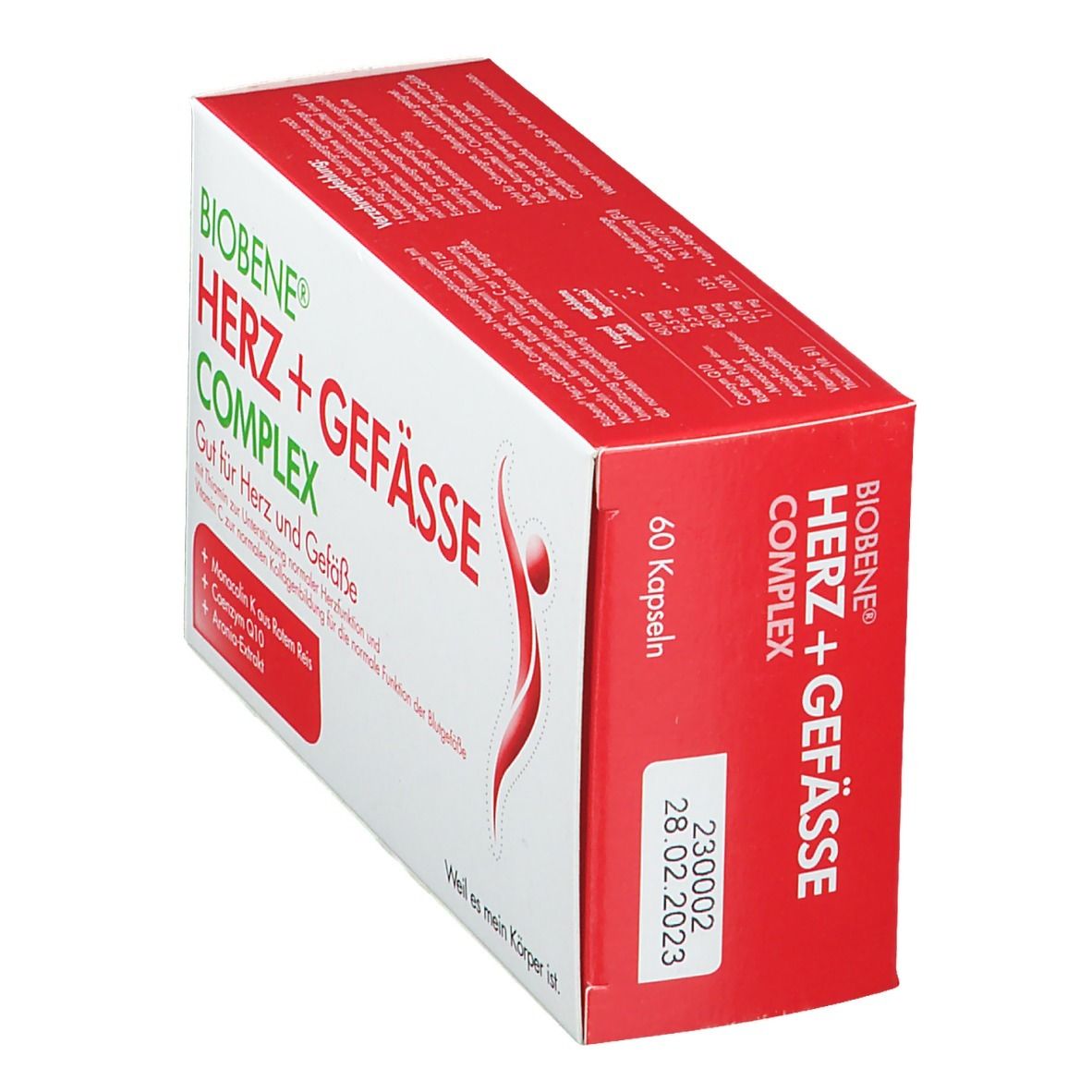 BIOBENE Herz+Gefässe Complex Kapseln. Rote und weiße Schachtel. Text: 60 Kapseln. Aufdruck: 28.02.2023. Logo: rote Figur.