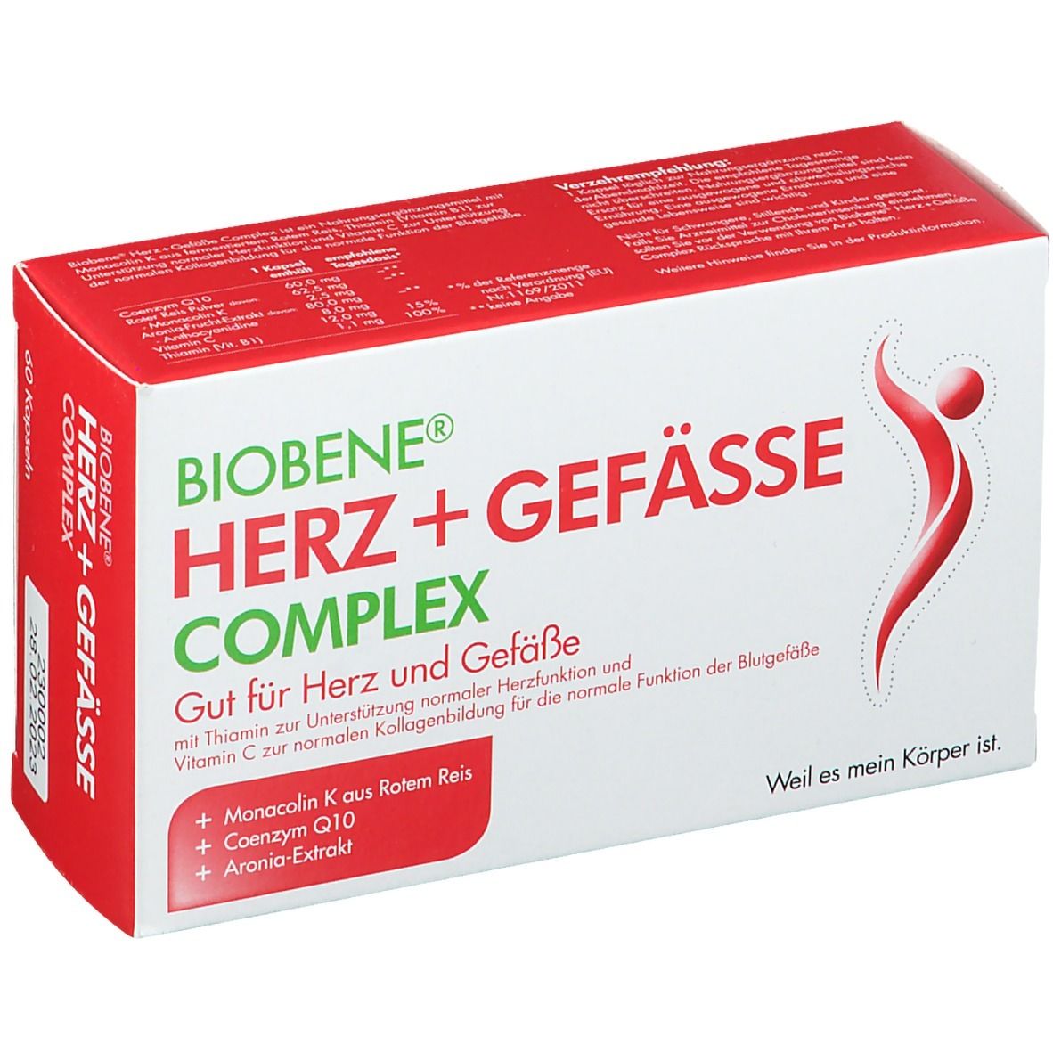 BIOBENE Herz+Gefässe Complex Kapseln. Rote und weiße Schachtel. Text: Herz+Gefässe, Complex, Gut für Herz und Gefäße. Logo: rote Figur.