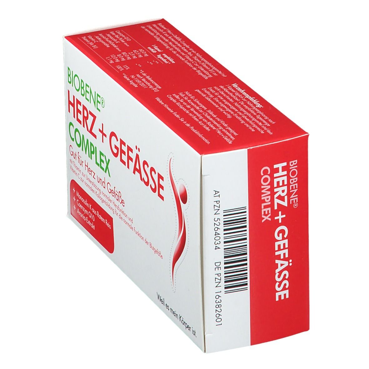 BIOBENE Herz+Gefässe Complex Kapseln. Rote und weiße Schachtel. Text: Herz+Gefässe, Complex. Barcode. Logo: rote Figur.