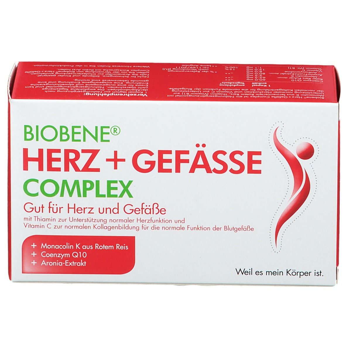 BIOBENE Herz+Gefässe Complex Kapseln. Rote und weiße Schachtel. Text: Herz+Gefässe, Complex, Gut für Herz und Gefäße. Logo: rote Figur.