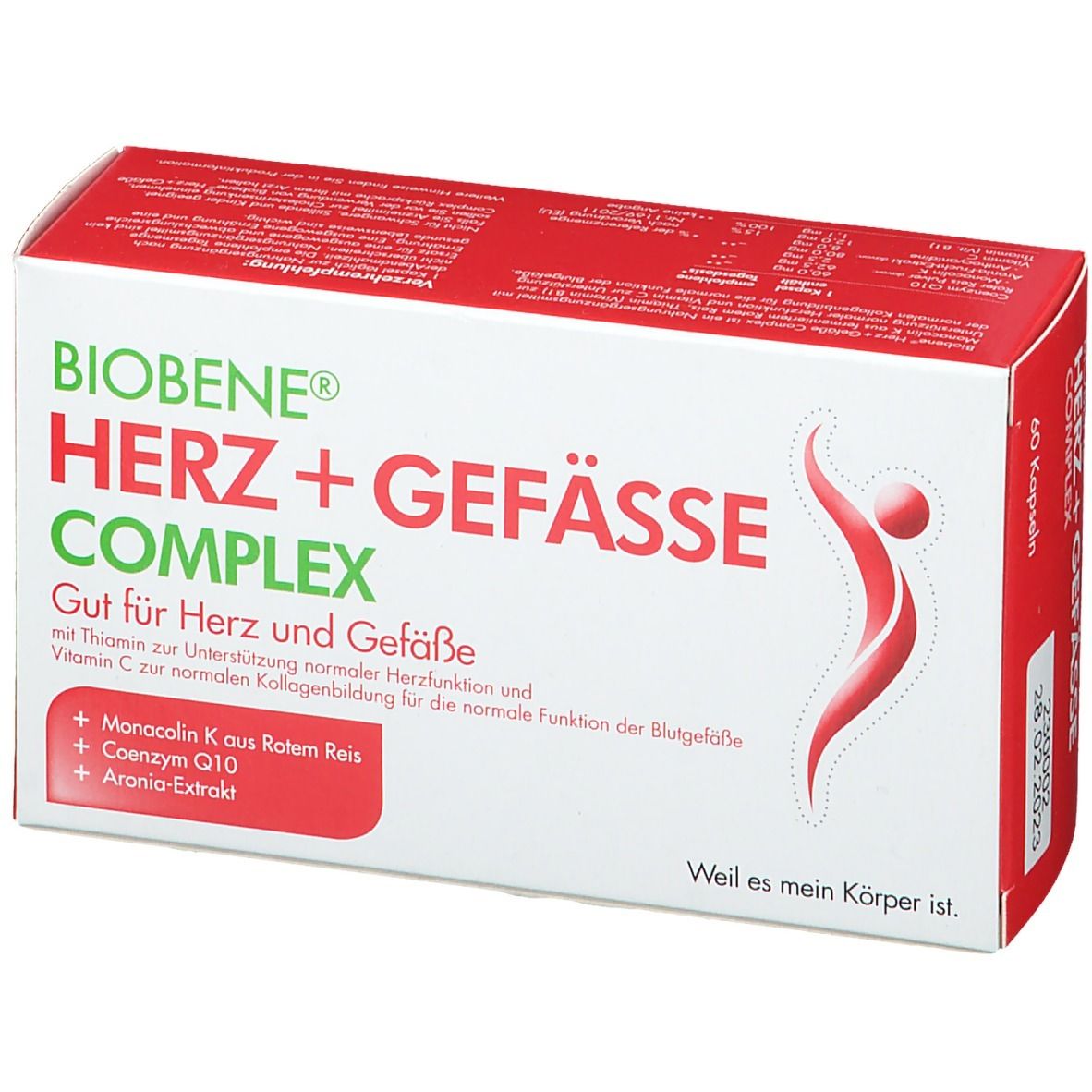 BIOBENE Herz+Gefässe Complex Kapseln. Rote und weiße Schachtel. Text: 60 Kapseln. Logo: rote Figur.