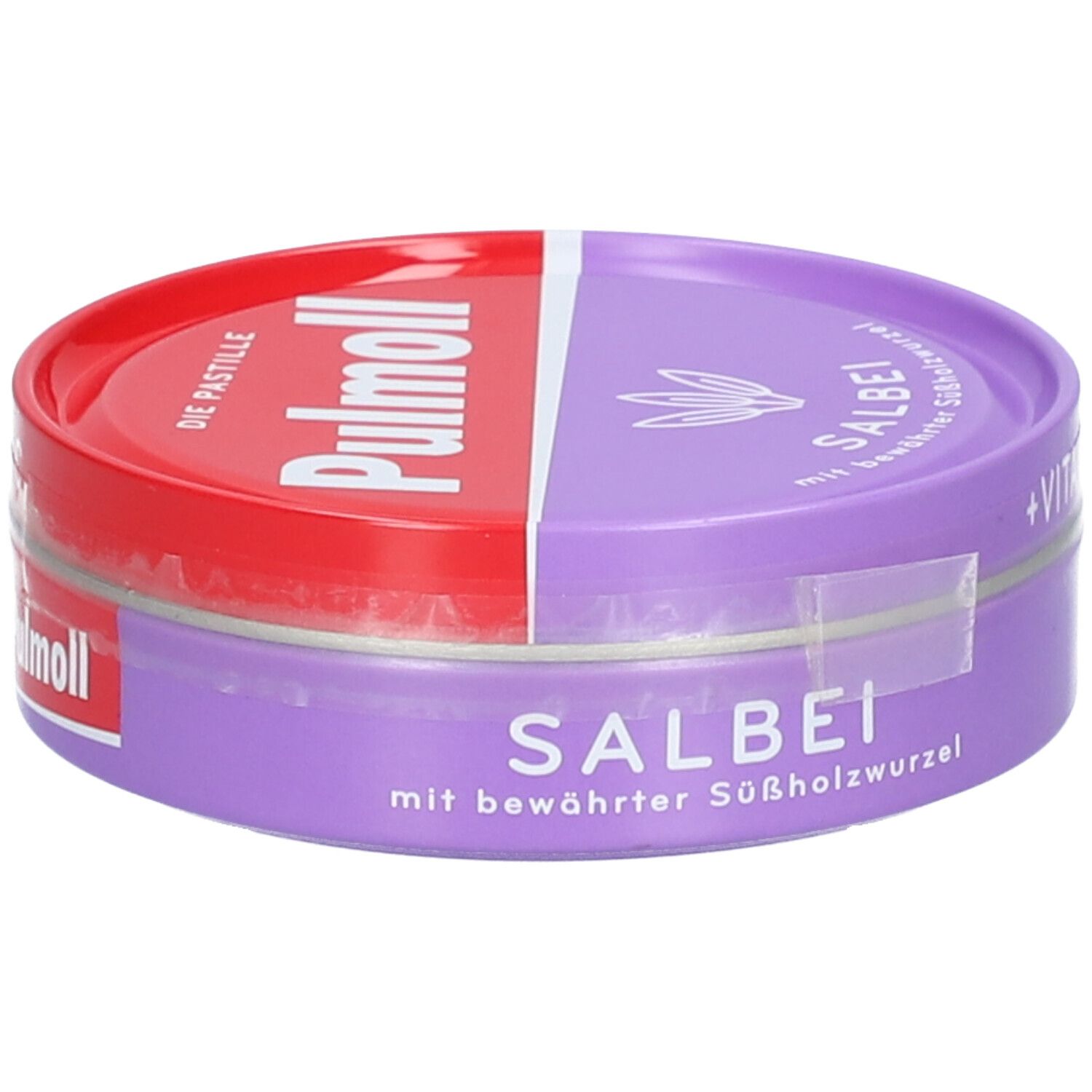 Runde Dose, rot-lila geteilt. Aufschrift "Pulmoll Salbei". Sichtbares Haltbarkeitsdatum. Metall-Recycling-Symbol.