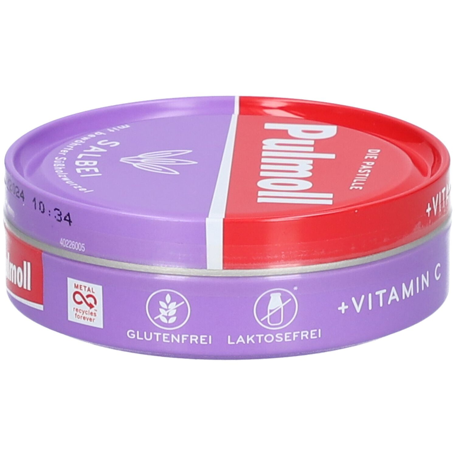 Runde Dose, rot-lila geteilt. Aufschrift "Pulmoll + Vitamin C". Glutenfrei und laktosefrei. Metall-Recycling-Symbol.