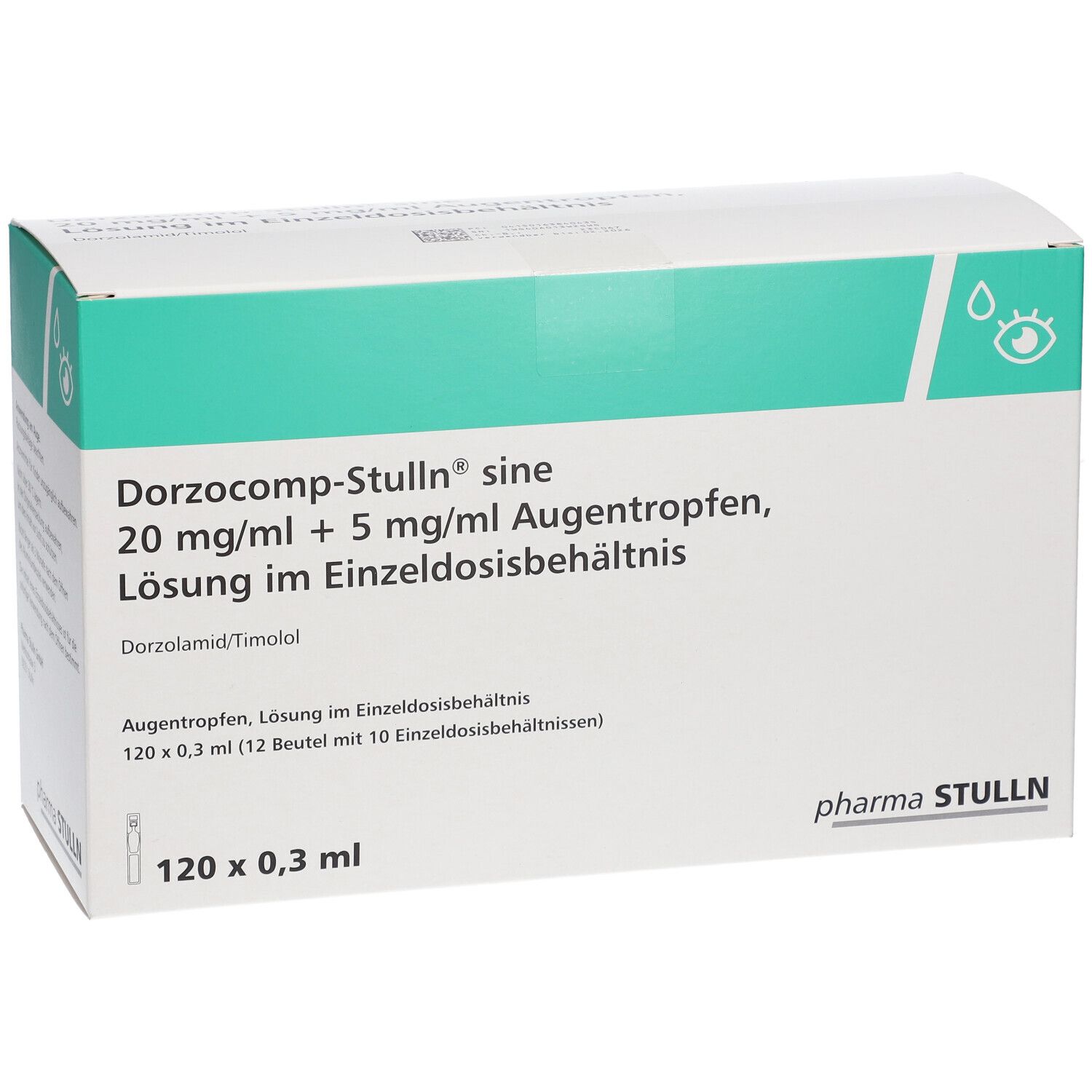 Weiße Faltschachtel mit grüner Fläche. Aufdruck: Dorzocomp-Stulln® sine Augentropfen. 120 x 0,3 ml.