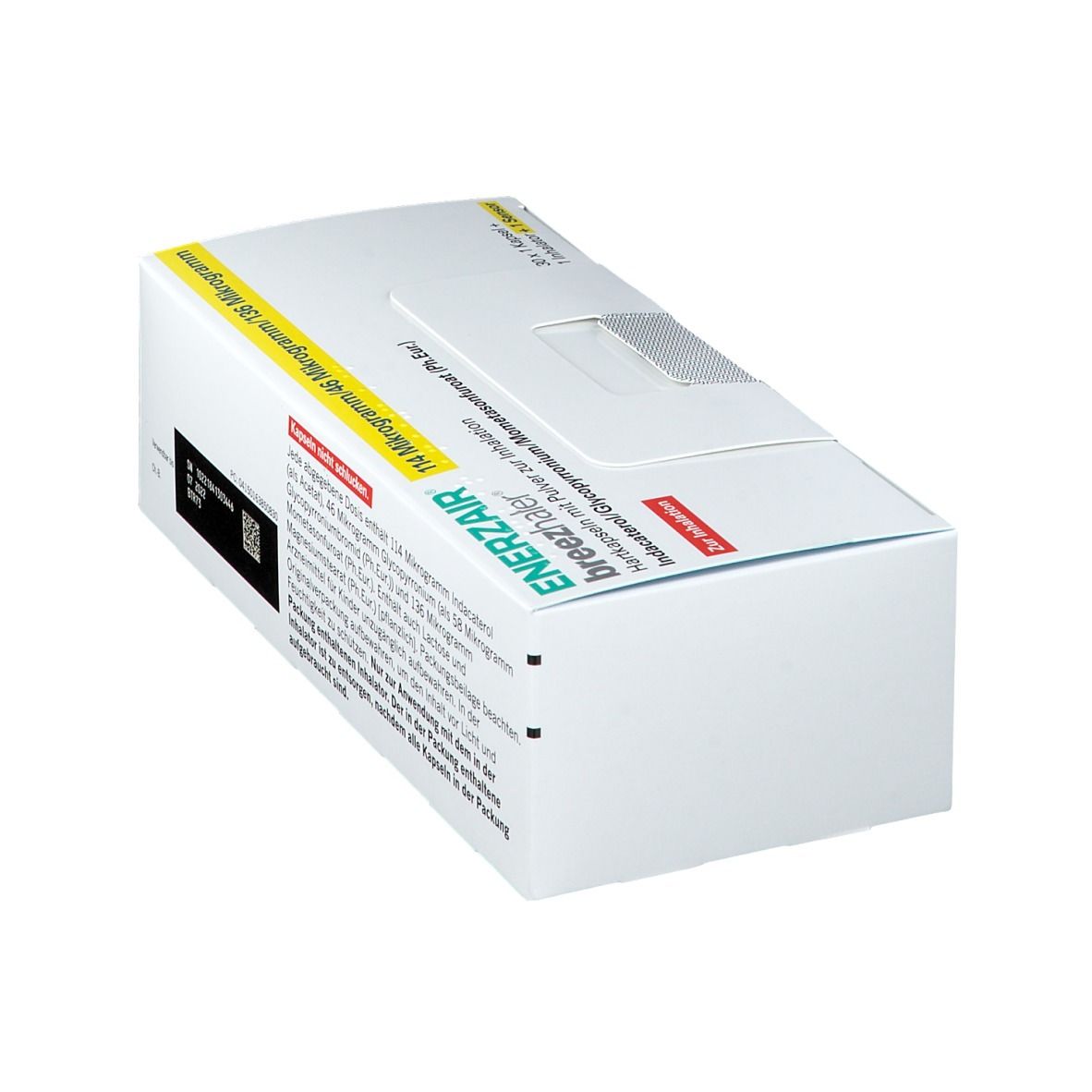 Weiße Schachtel, schräge Ansicht. Produktname und Dosierungsangaben sind teilweise sichtbar. Textinformationen.