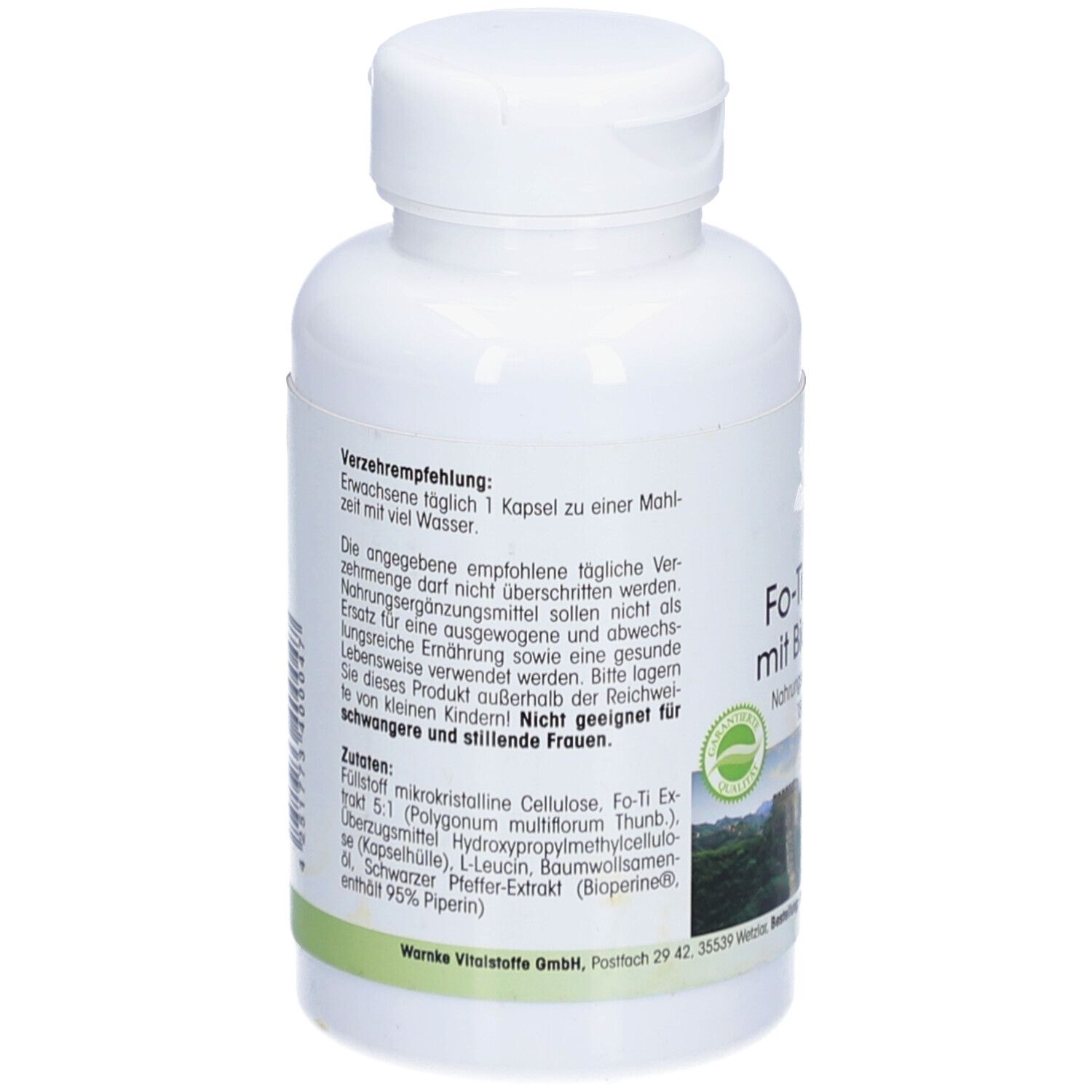 Rückseite der weißen Flasche mit Fo-Ti Extrakt mit Bioperine® Kapseln. Text über Inhaltsstoffe und Verzehrempfehlung.