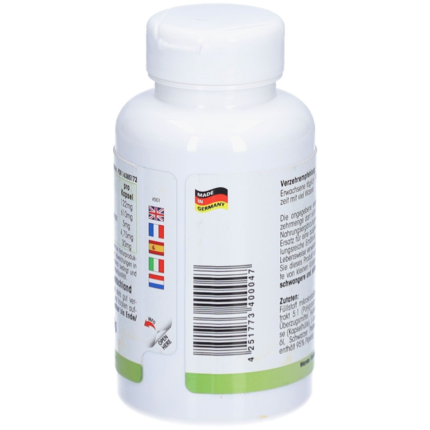 Rückseite der weißen Flasche mit Fo-Ti Extrakt mit Bioperine® Kapseln. Barcode, Flaggen, Made in Germany.