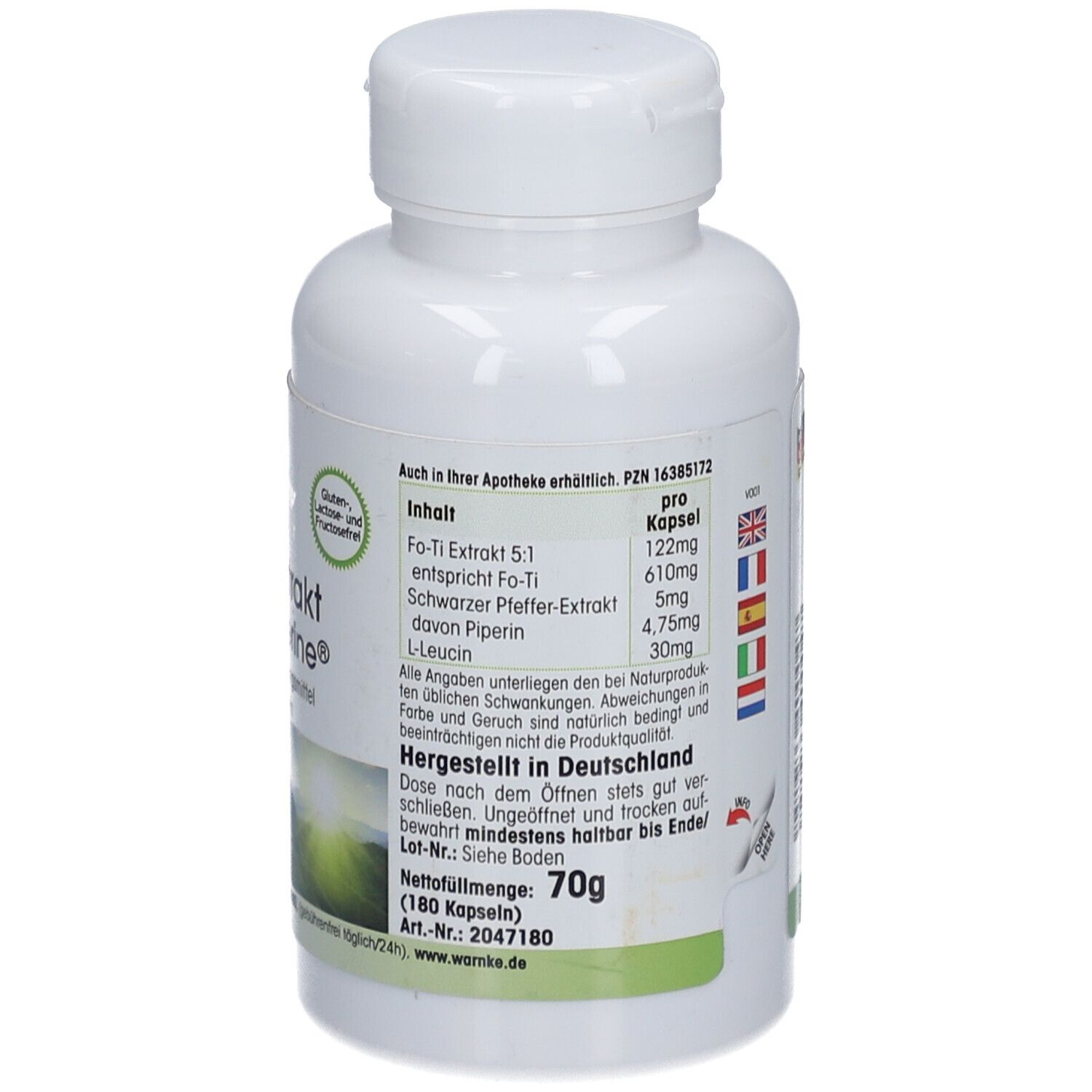 Rückseite der weißen Flasche mit Fo-Ti Extrakt mit Bioperine® Kapseln. Inhaltsangaben, Barcode, Made in Germany.