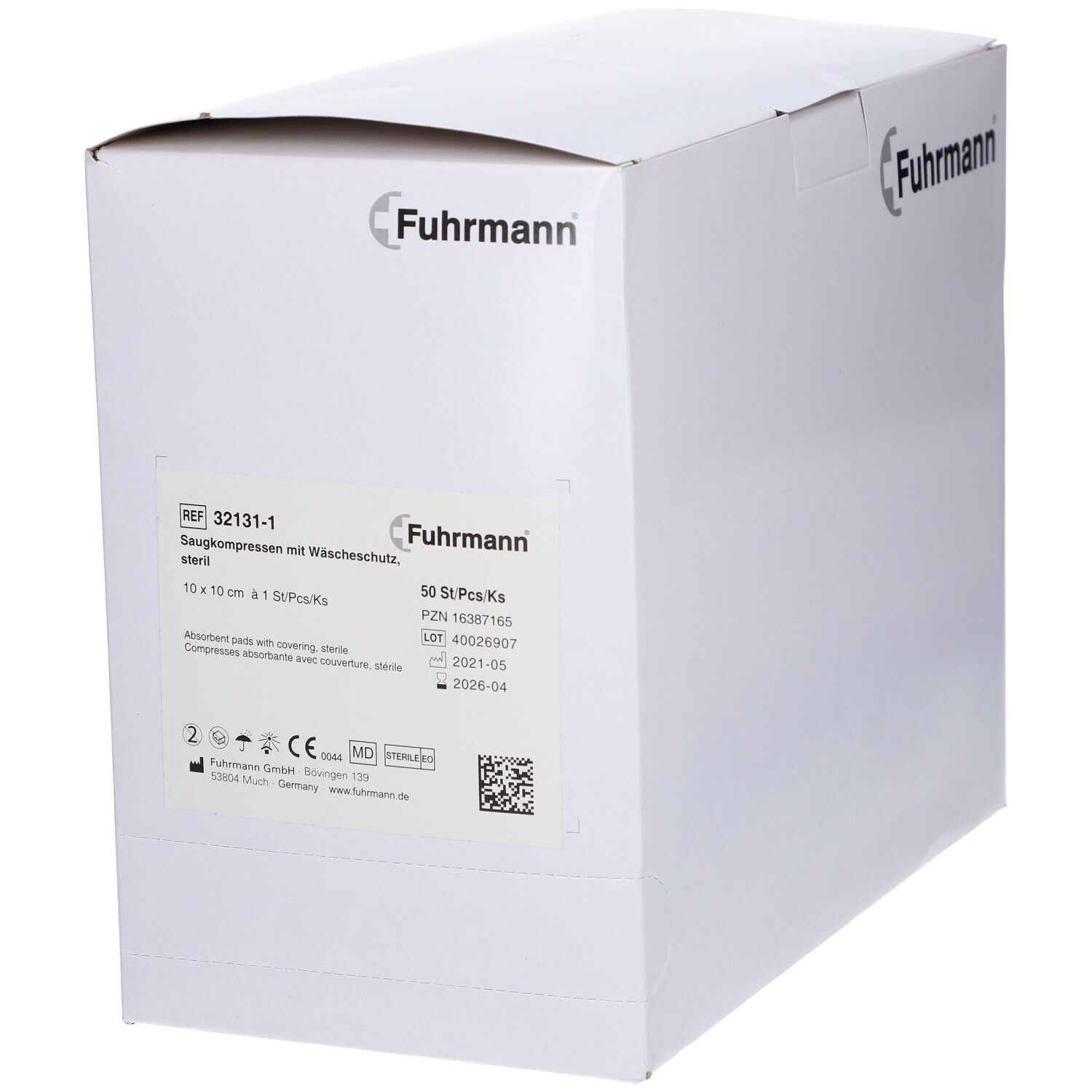 Weiße Verpackung mit Etikett: Fuhrmann Saugkompressen steril, 10x10cm, 50 Stück.