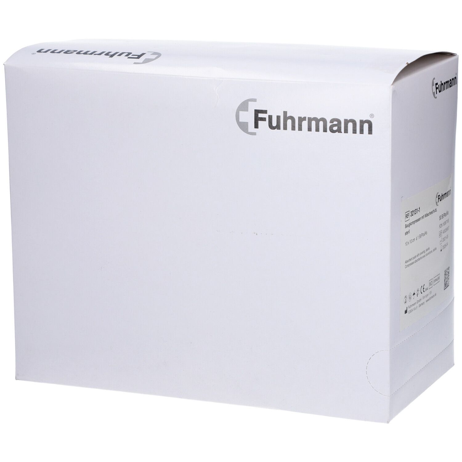 Weiße Produktverpackung mit Fuhrmann Logo, Seitenansicht.