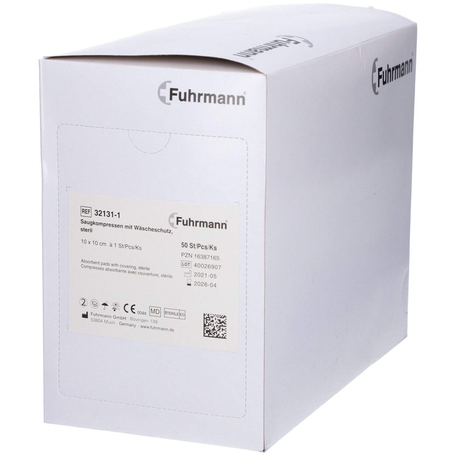 Weiße Verpackung mit Etikett: Fuhrmann Saugkompressen steril, 10x10cm, 50 Stück, CE-Kennzeichnung.