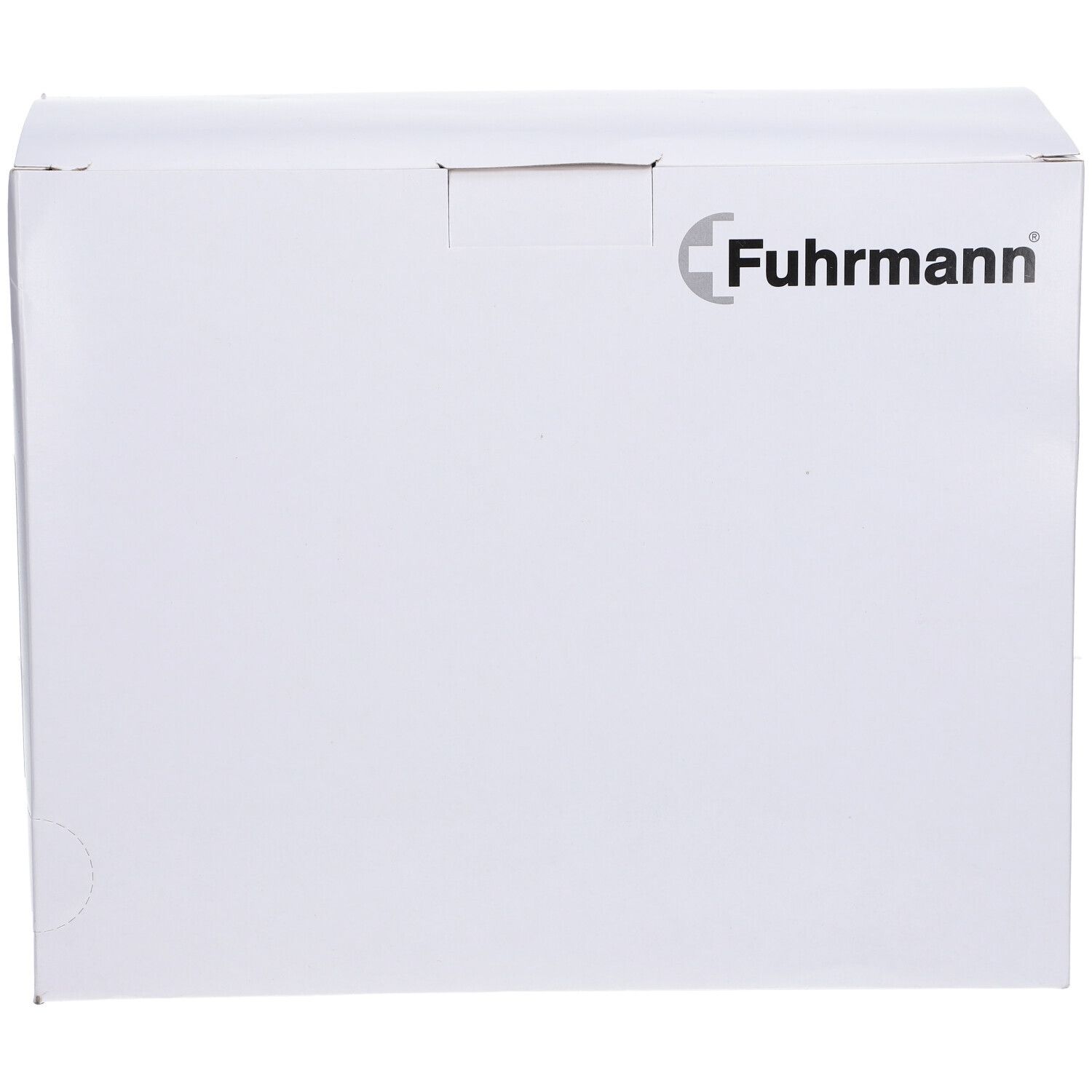 Weiße Produktverpackung mit Fuhrmann Logo, Vorderansicht.