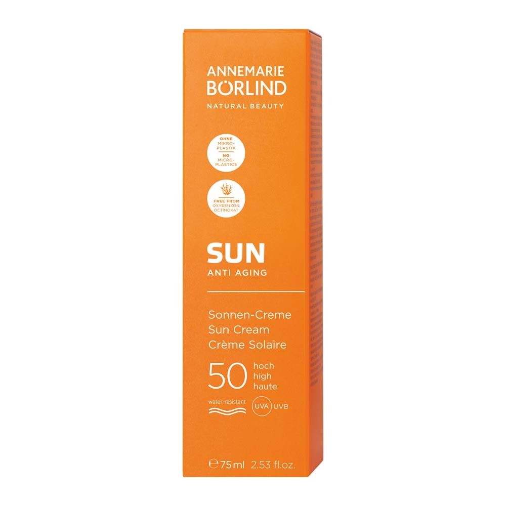 Orange Verpackung Sonnencreme. Text: ANNEMARIE BÖRLIND SUN Anti-Aging, LSF 50. 75 ml.
