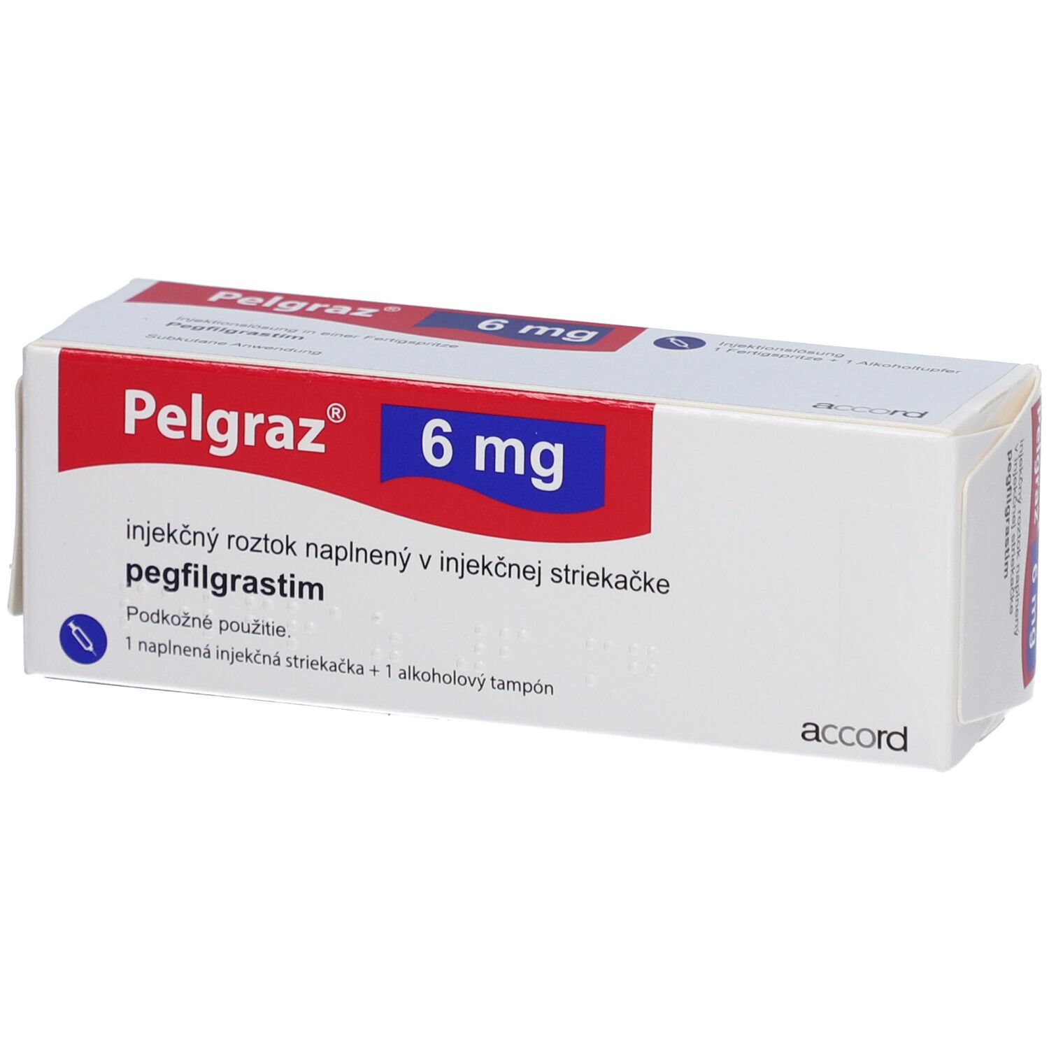 Verpackung von Pelgraz 6 mg. Aufschrift: Pelgraz, 6 mg, pegfilgrastim. Enthält eine Fertigspritze und Alkoholtupfer.
