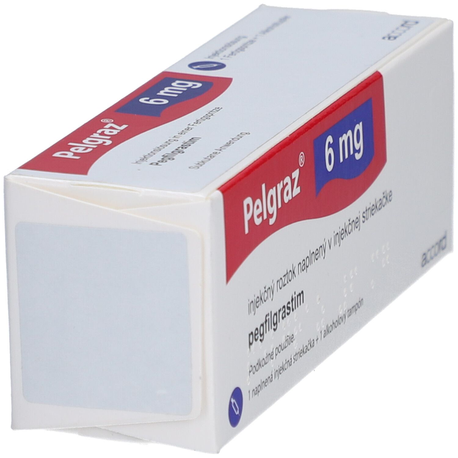 Schrägansicht der Pelgraz 6 mg Verpackung. Aufschrift: Pelgraz, 6 mg, pegfilgrastim. Enthält eine Fertigspritze und Alkoholtupfer.