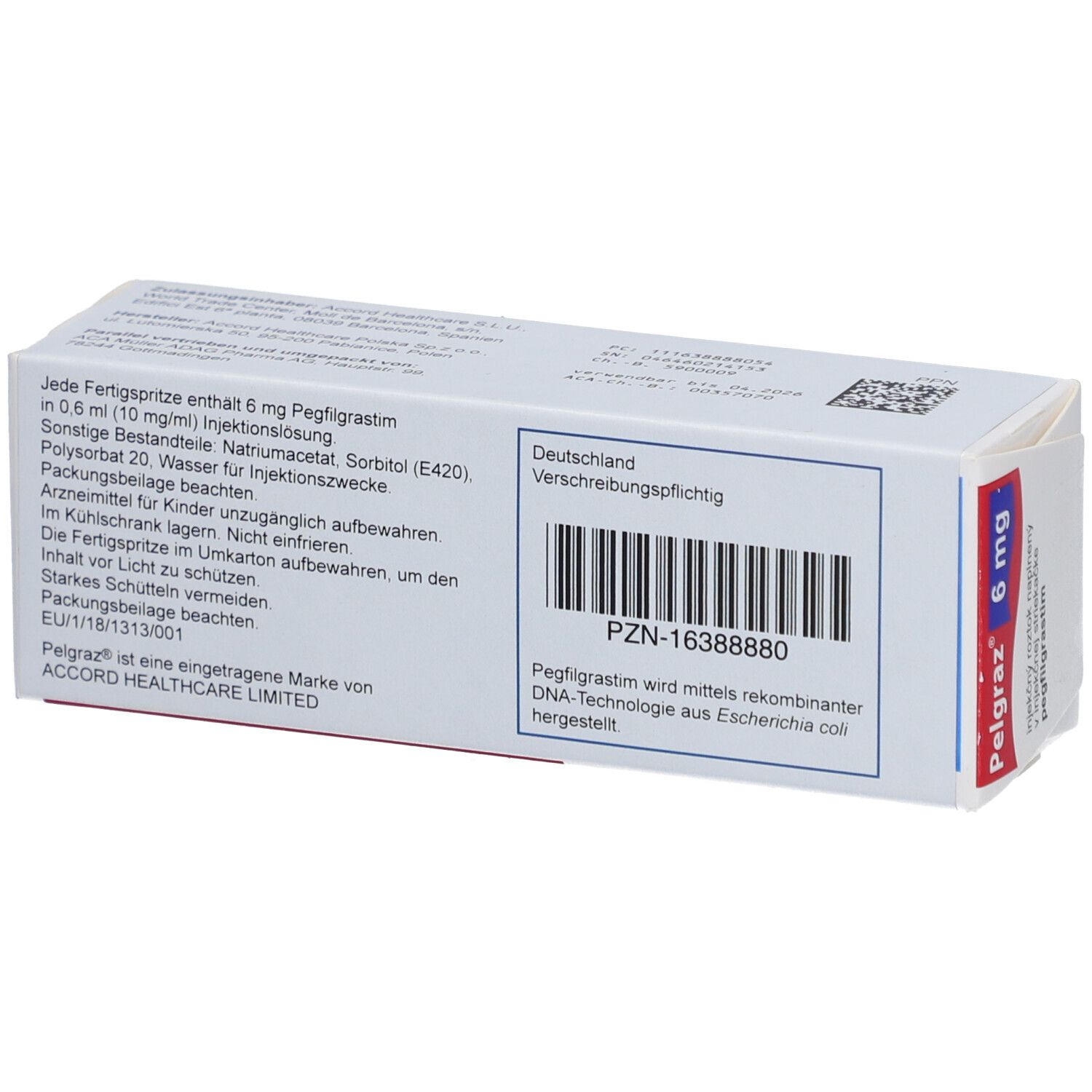 Rückseite der Pelgraz 6 mg Verpackung. Enthält Informationen und Barcode. Aufschrift: PZN-16388880, pegfilgrastim.