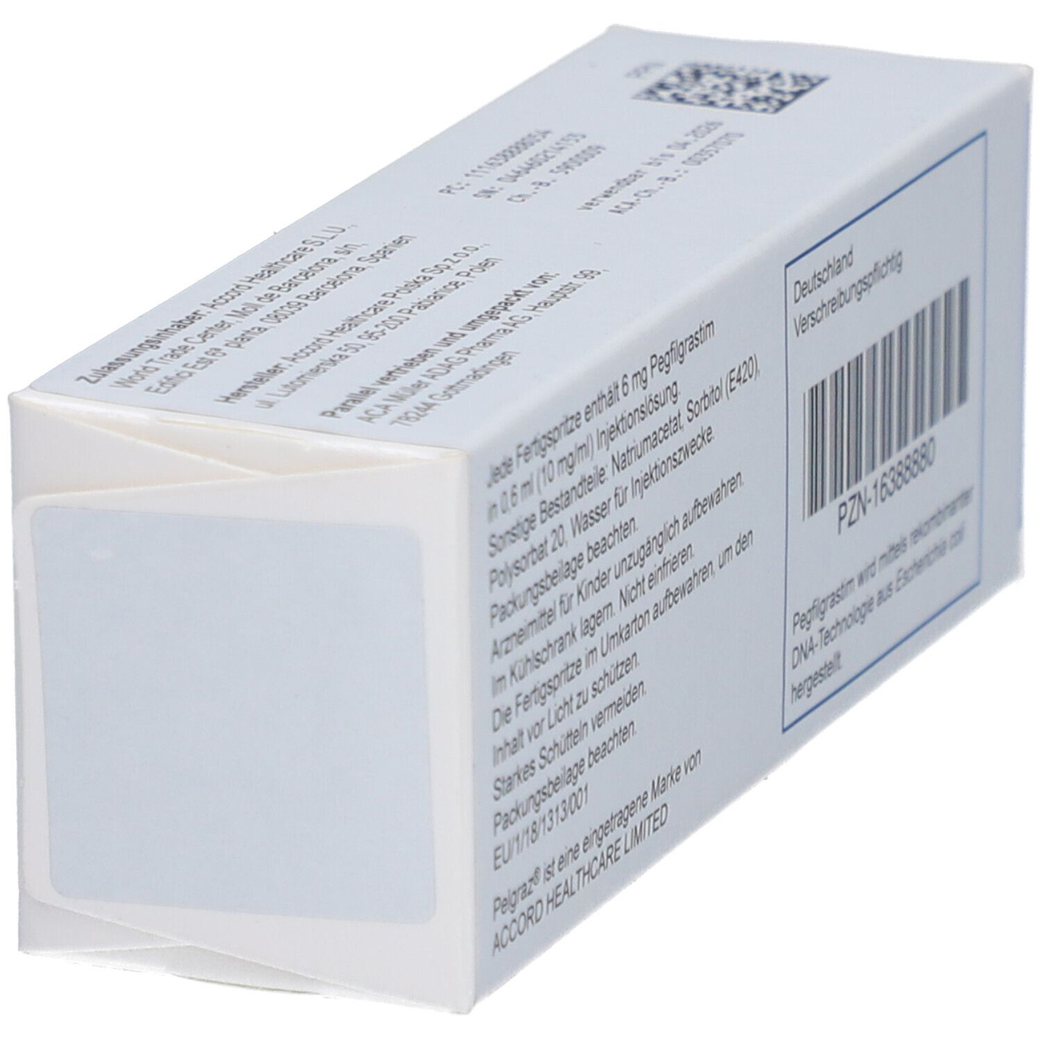Schrägansicht der Rückseite der Pelgraz 6 mg Verpackung. Enthält Informationen und Barcode. Aufschrift: PZN-16388880, pegfilgrastim.