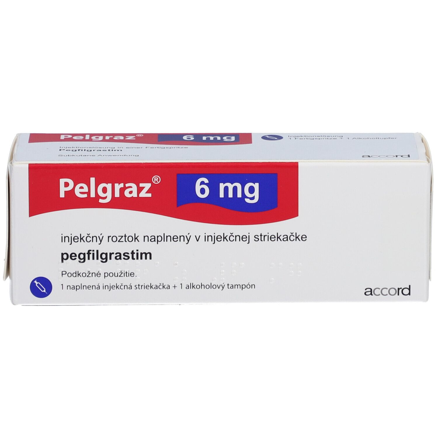Pelgraz 6 mg Verpackung. Aufschrift: Pelgraz, 6 mg, pegfilgrastim. Enthält eine Fertigspritze und Alkoholtupfer.