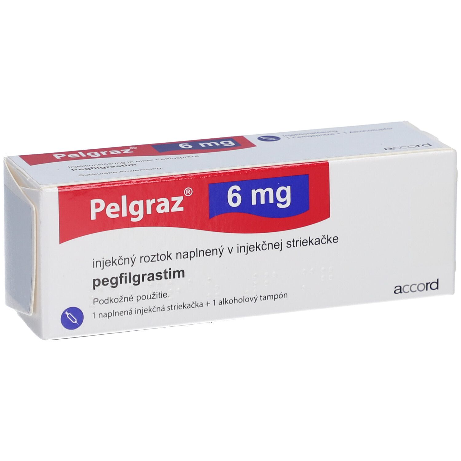 Pelgraz 6 mg Verpackung. Aufschrift: Pelgraz, 6 mg, pegfilgrastim. Enthält eine Fertigspritze und Alkoholtupfer.