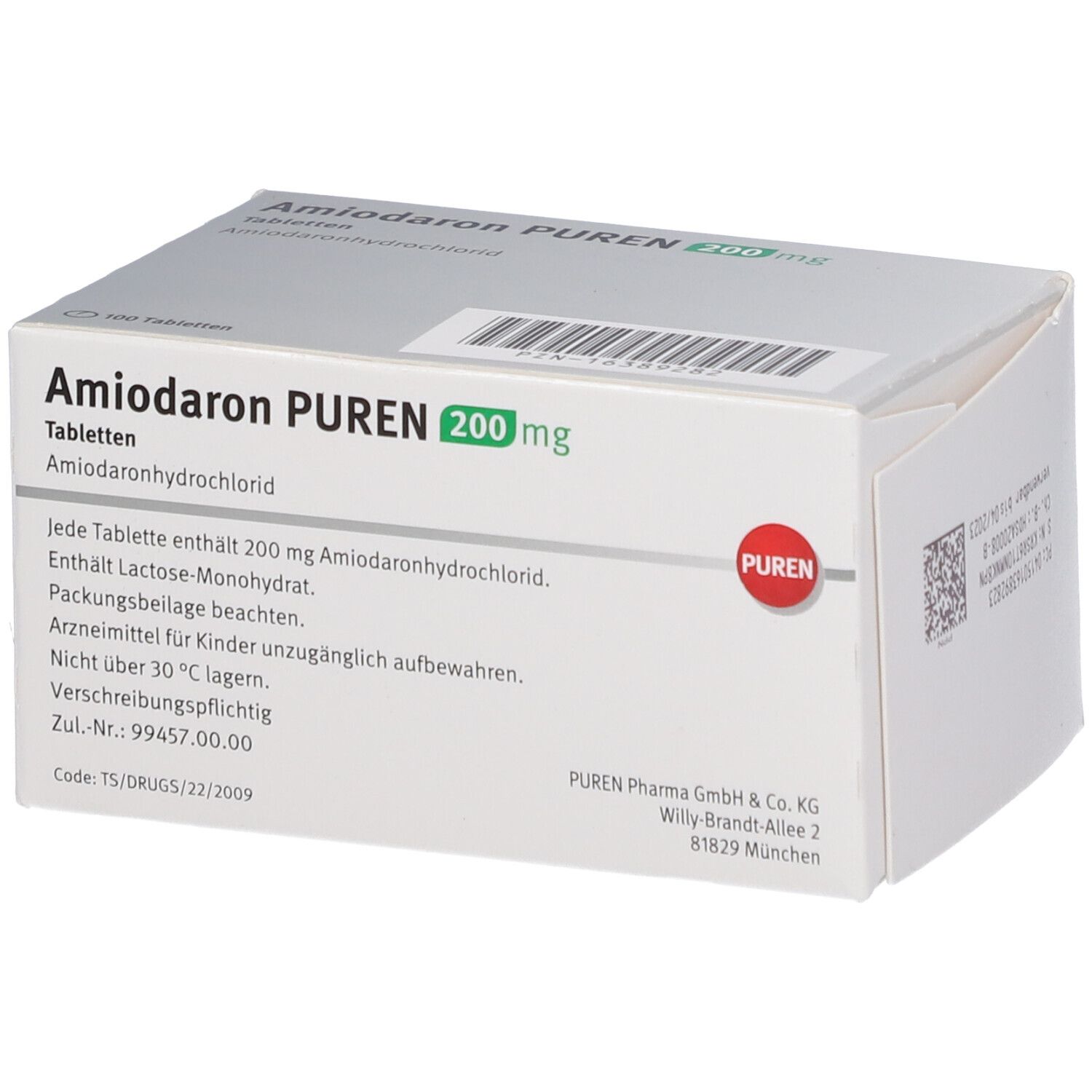 Amiodaron PUREN 200 mg Tabletten-Packung. Weiß-grauer Karton mit orangefarbenem Akzent. 100 Tabletten. PUREN-Logo.