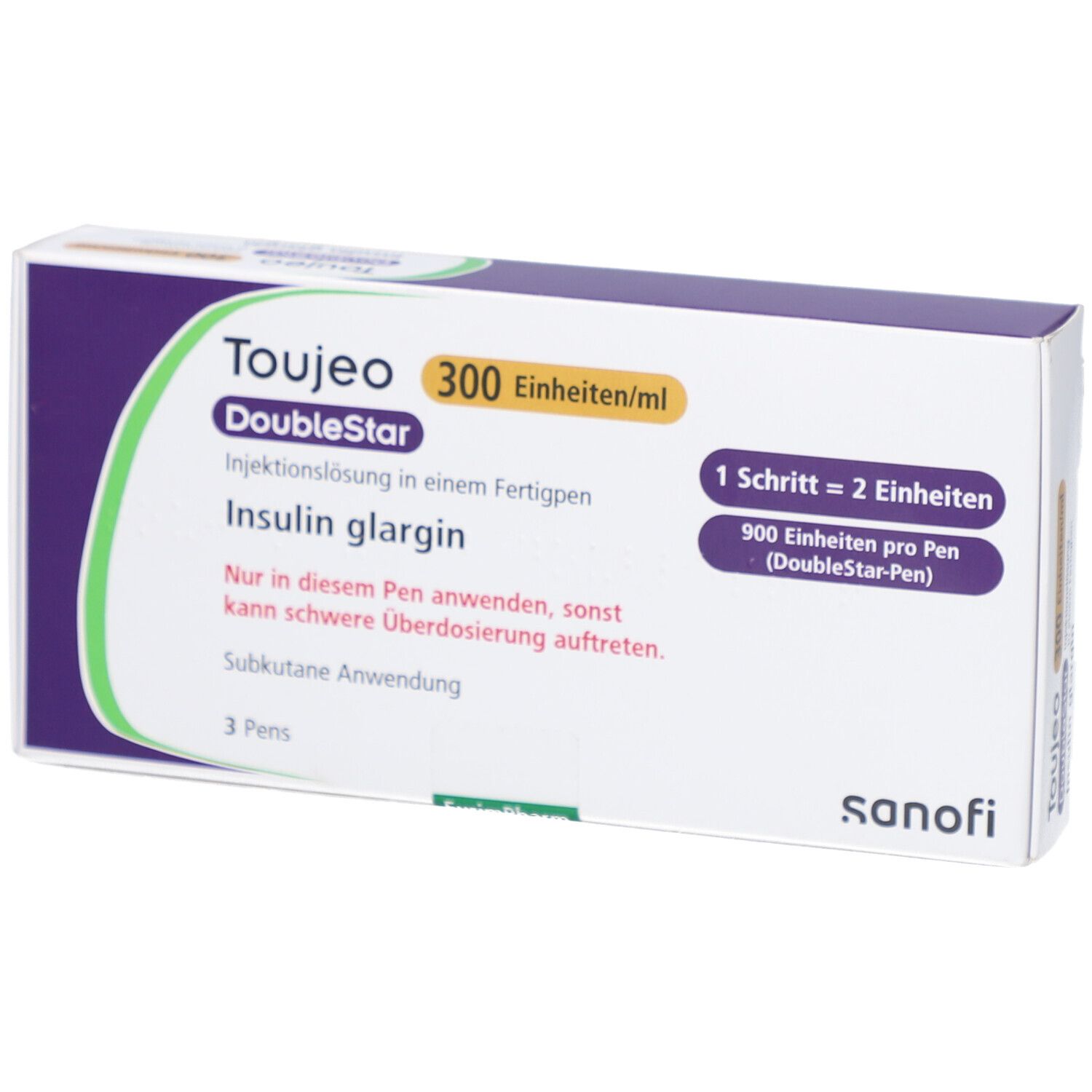 Verpackung von Toujeo DoubleStar. Enthält 3 Pens. Aufschrift: 300 Einheiten/ml, Insulin glargin. Sanofi Logo.