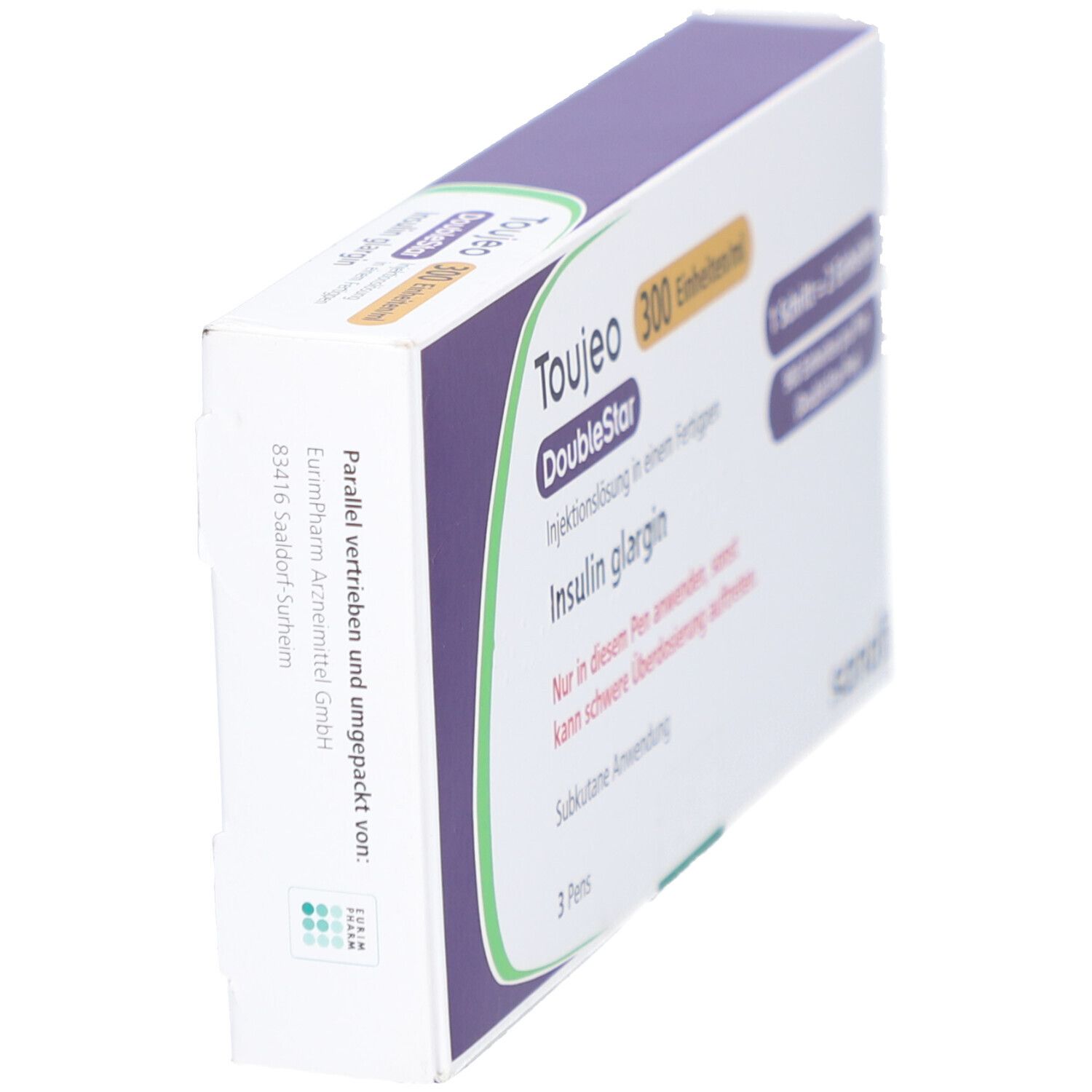 Schrägansicht der Toujeo DoubleStar Verpackung. Aufschrift: 300 Einheiten/ml, Insulin glargin. Sanofi Logo. Enthält 3 Pens.