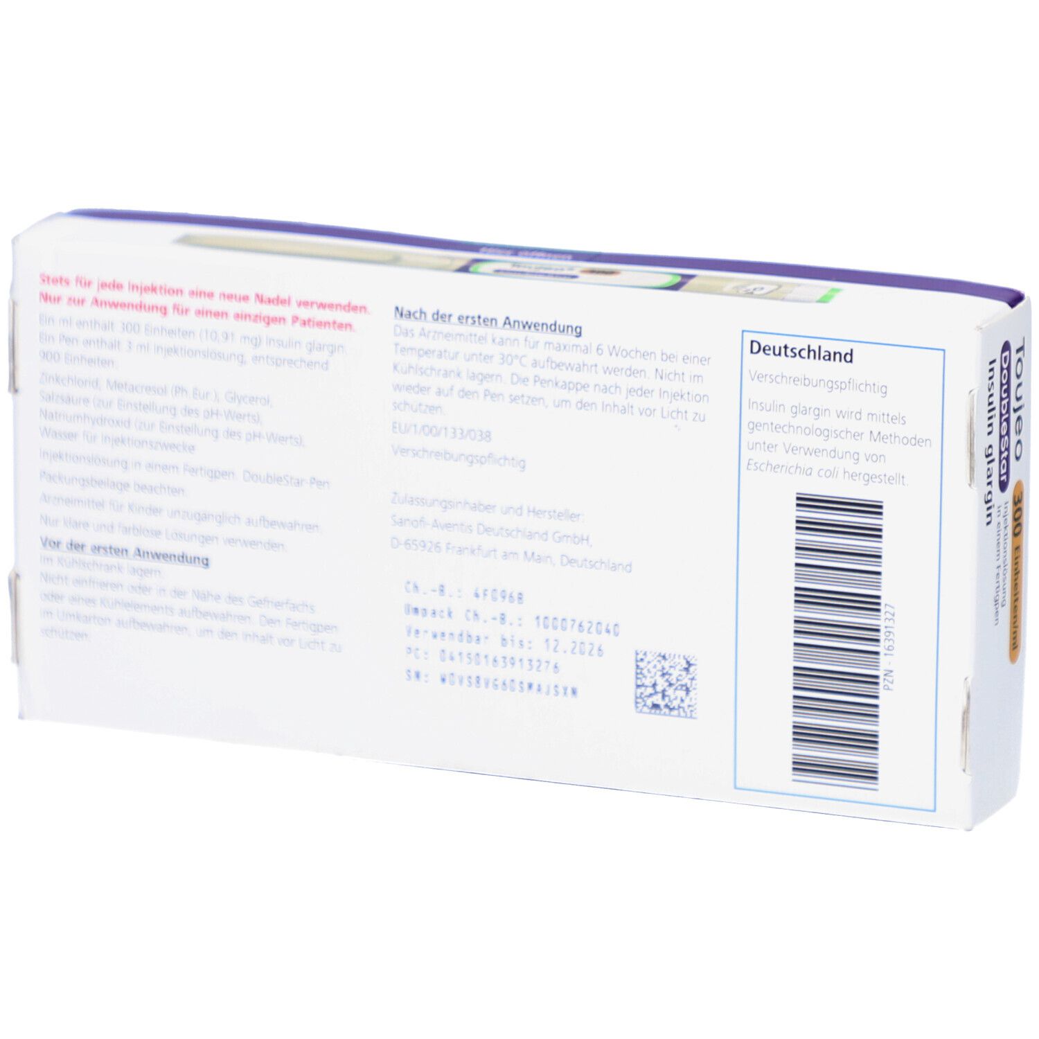 Rückseite der Toujeo DoubleStar Verpackung. Enthält Informationen und Barcode. Text in Deutsch.
