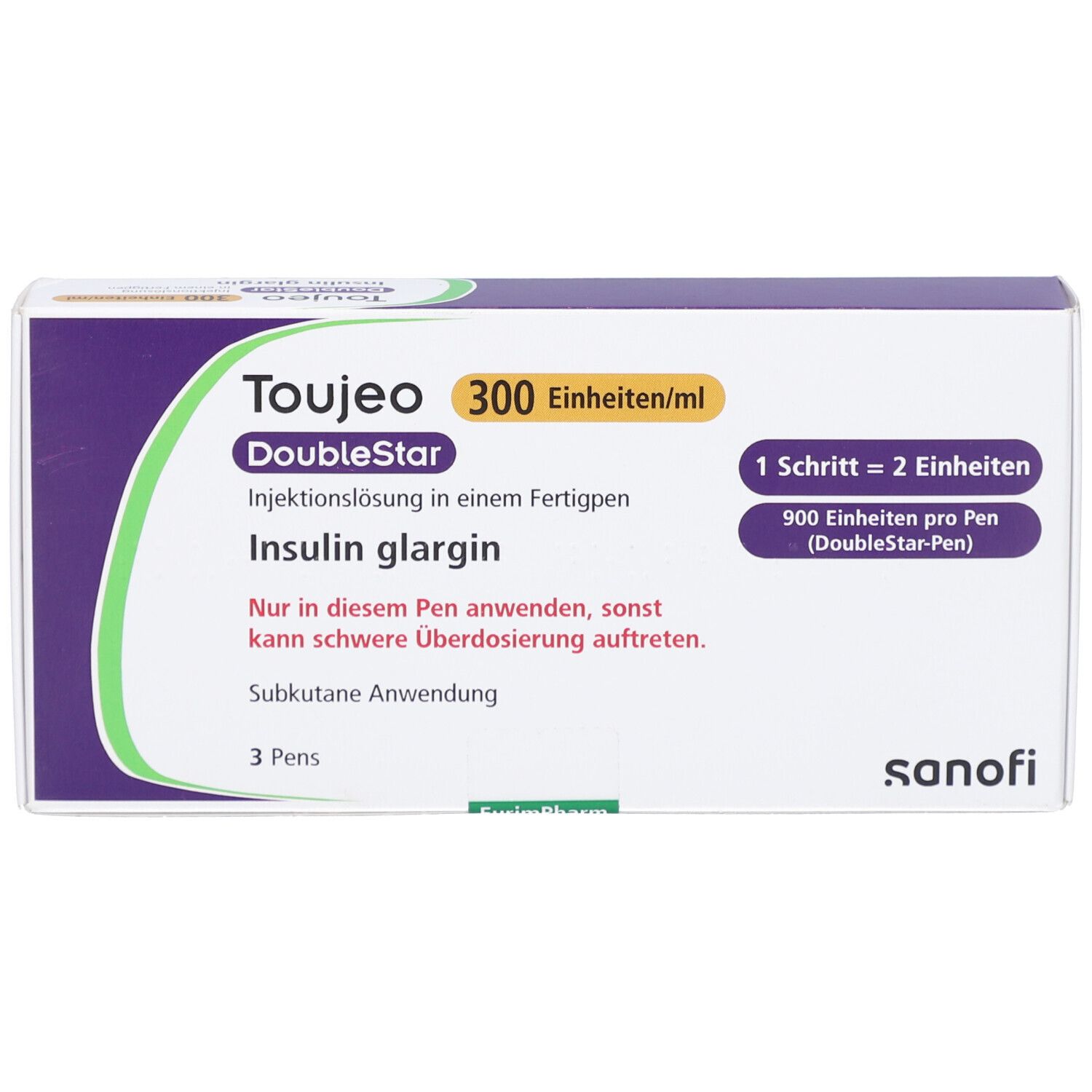 Verpackung von Toujeo DoubleStar. Enthält 3 Pens. Aufschrift: 300 Einheiten/ml, Insulin glargin. Sanofi Logo.