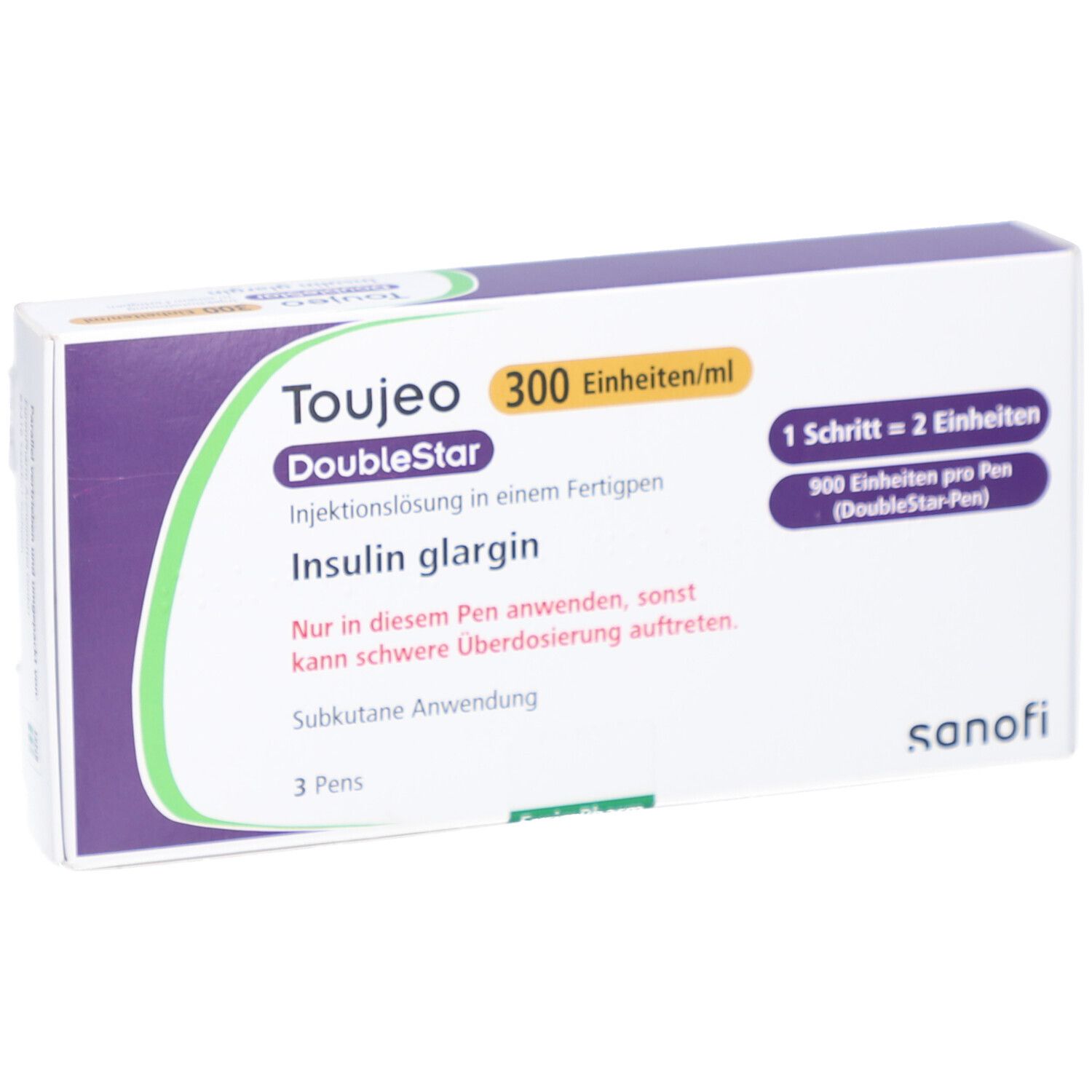Verpackung von Toujeo DoubleStar. Enthält 3 Pens. Aufschrift: 300 Einheiten/ml, Insulin glargin. Sanofi Logo.