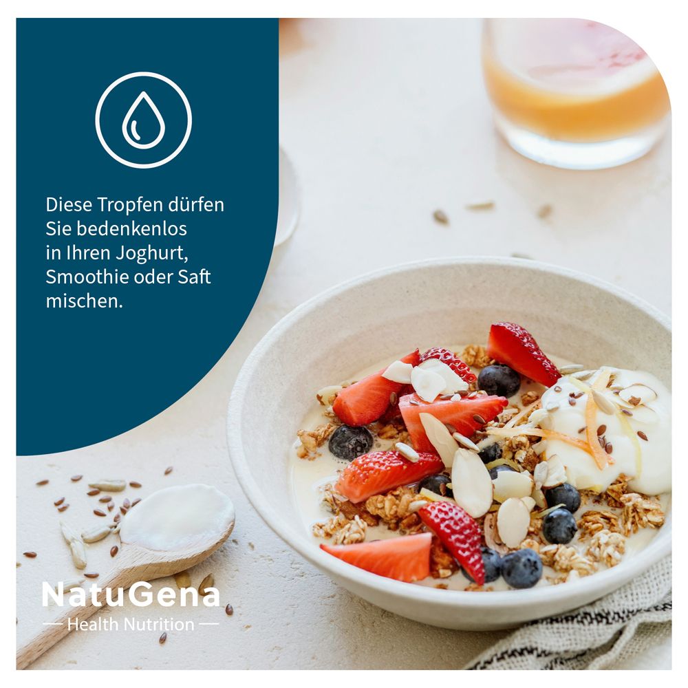 Schüssel mit Müsli, Früchten und Löffel. Text: NatuGena Health Nutrition, Tropfen in Joghurt mischen.