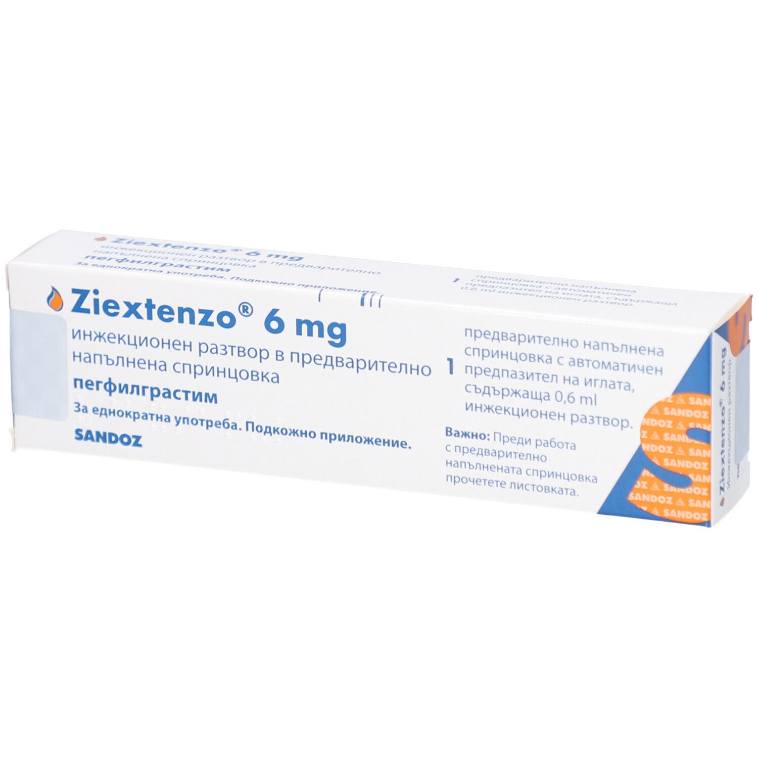 Karton Ziextenzo 6 mg. Aufschrift: Injektionslösung, Fertigspritze, Pegfilgrastim. Sandoz-Logo. Enthält 1 Fertigspritze.