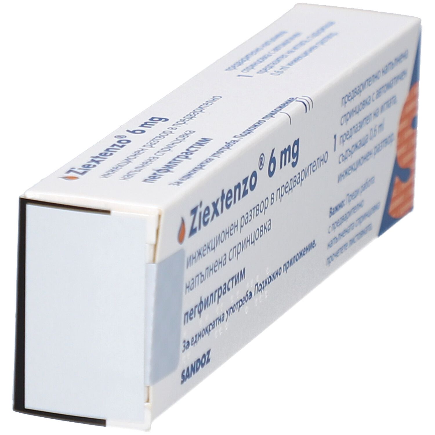 Karton Ziextenzo 6 mg. Aufschrift: Injektionslösung, Fertigspritze, Pegfilgrastim. Sandoz-Logo. Enthält 1 Fertigspritze.