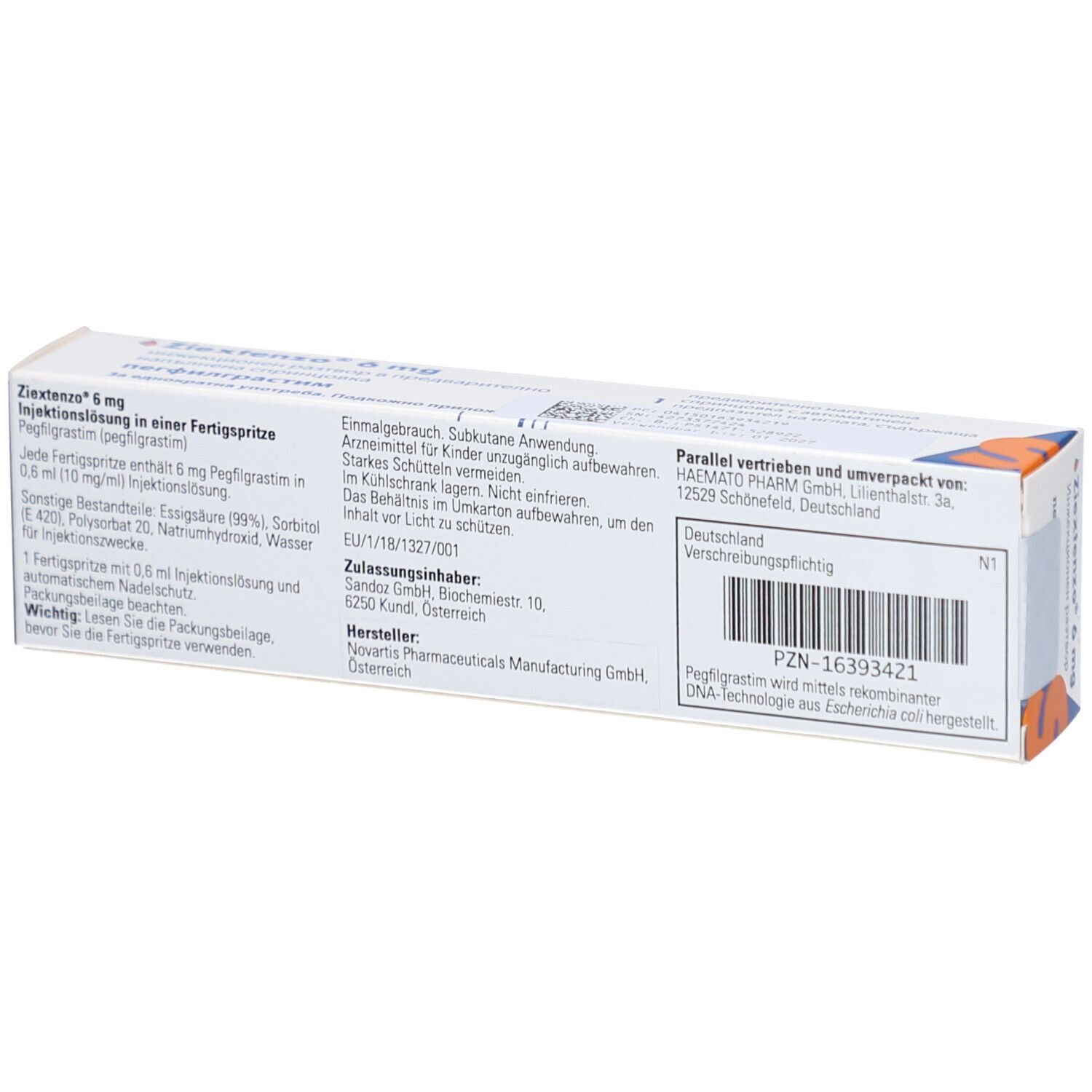 Rückseite der Ziextenzo 6 mg-Verpackung. Text: Injektionslösung, Fertigspritze, Pegfilgrastim. Hersteller Novartis. PZN-16393421.