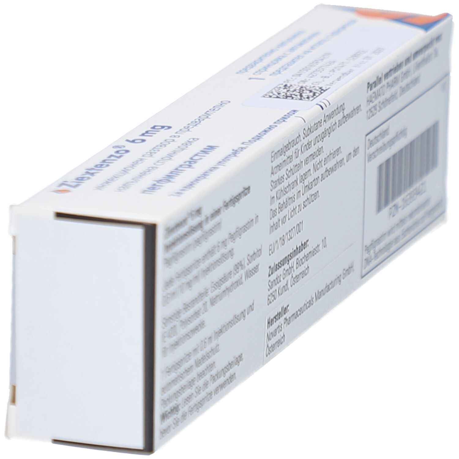 Rückseite der Ziextenzo 6 mg-Verpackung. Text: Injektionslösung, Fertigspritze, Pegfilgrastim. Hersteller Novartis. PZN-16393421.