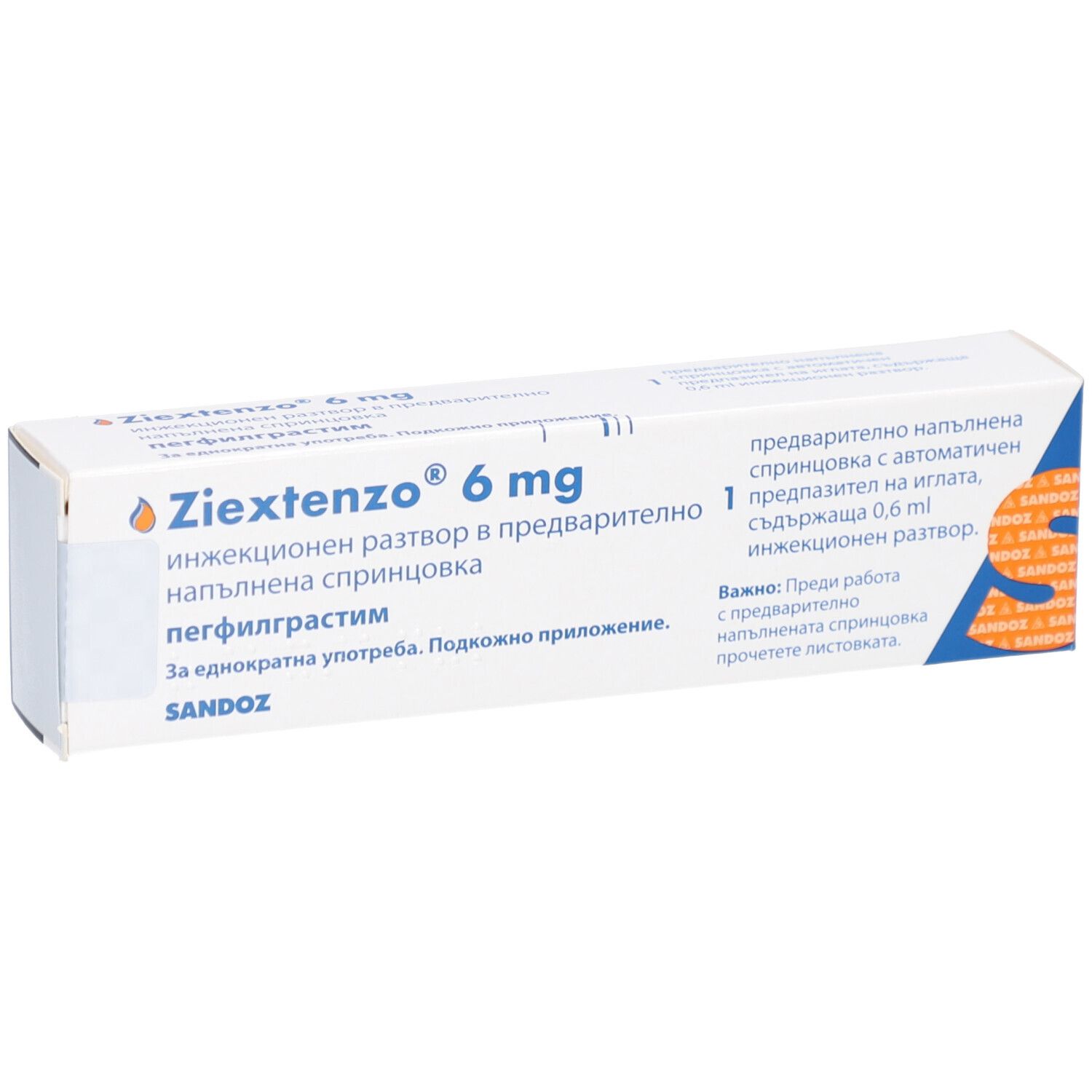 Karton Ziextenzo 6 mg. Aufschrift: Injektionslösung, Fertigspritze, Pegfilgrastim. Sandoz-Logo. Enthält 1 Fertigspritze.