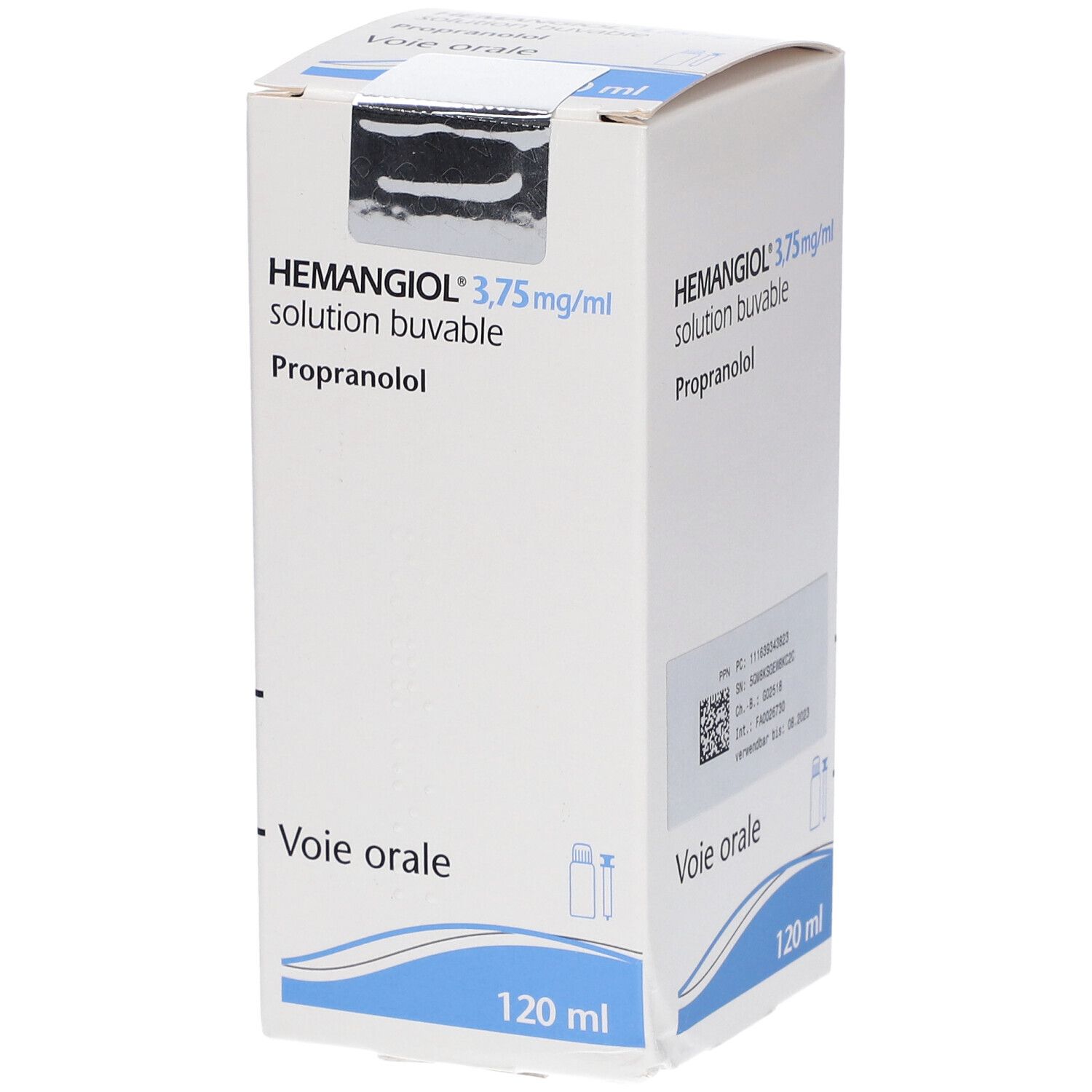 Weiße Faltschachtel mit Aufschrift HEMANGIOL 3,75 mg/ml, Lösung zum Einnehmen. 120 ml Flasche.