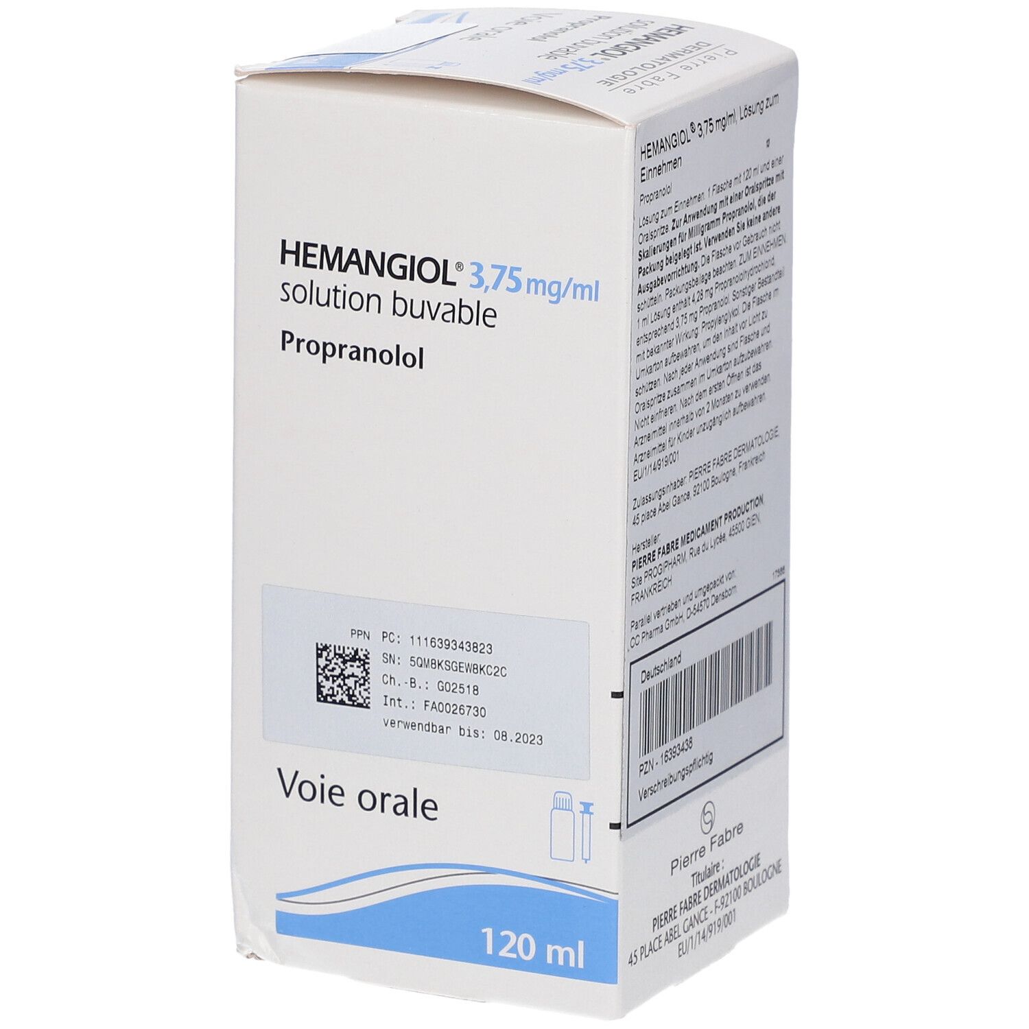 Faltschachtel mit Aufschrift HEMANGIOL 3,75 mg/ml, Lösung zum Einnehmen. 120 ml Flasche.