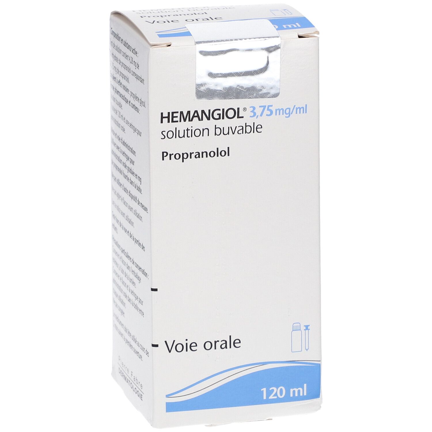 Weiße Faltschachtel mit Aufschrift HEMANGIOL 3,75 mg/ml, Lösung zum Einnehmen. 120 ml Flasche.