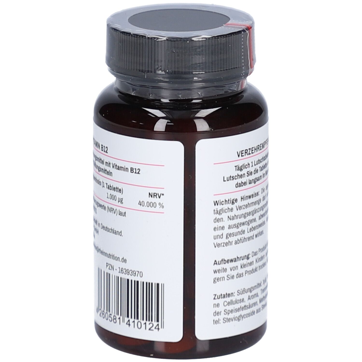 Rückseite der braunen Flasche. Etikett mit Informationen zu Inhaltsstoffen und Verzehrempfehlung. Barcode.