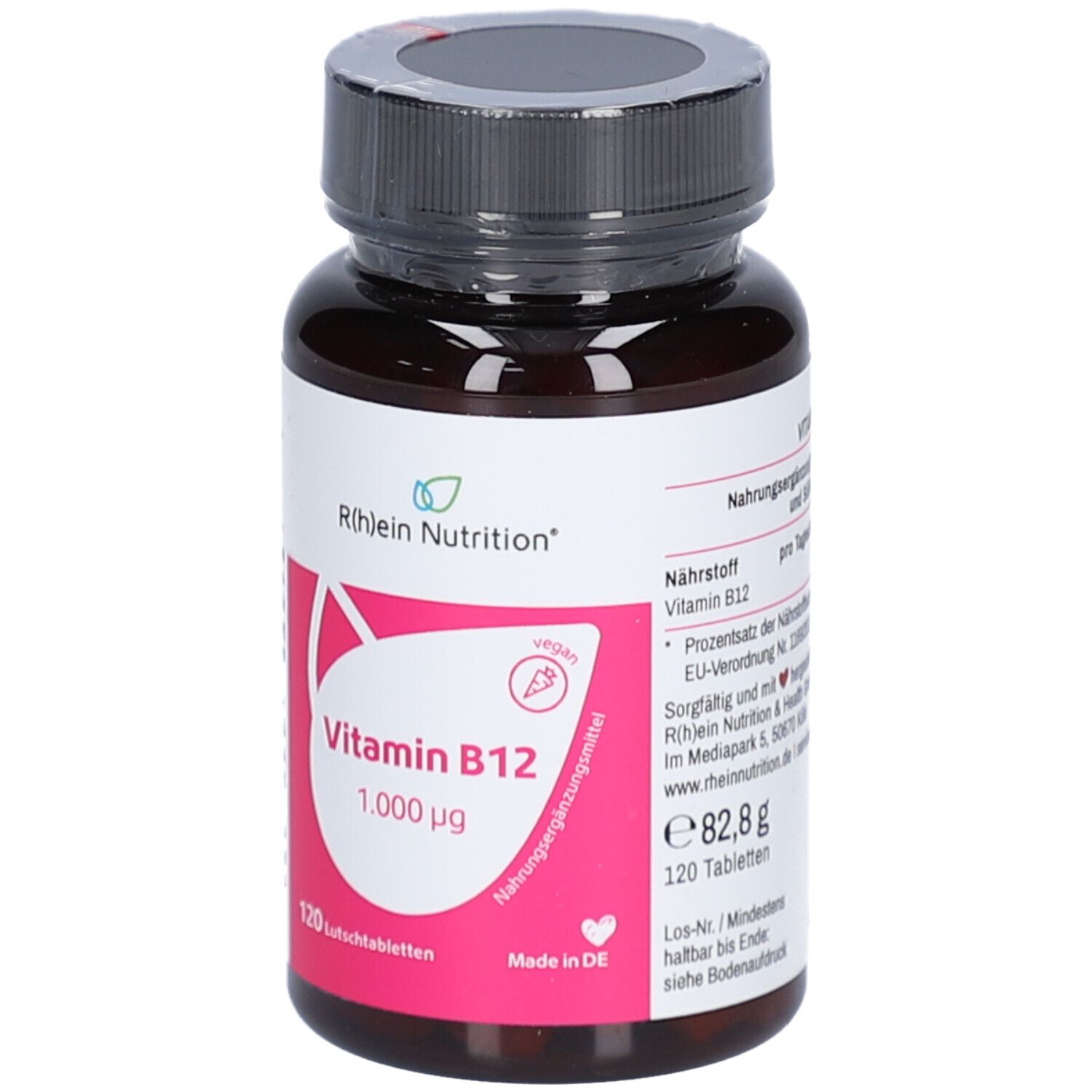 Braune Flasche mit schwarzem Deckel. Etikett mit Vitamin B12 1.000 µg, 120 Tabletten. Vegan-Siegel.